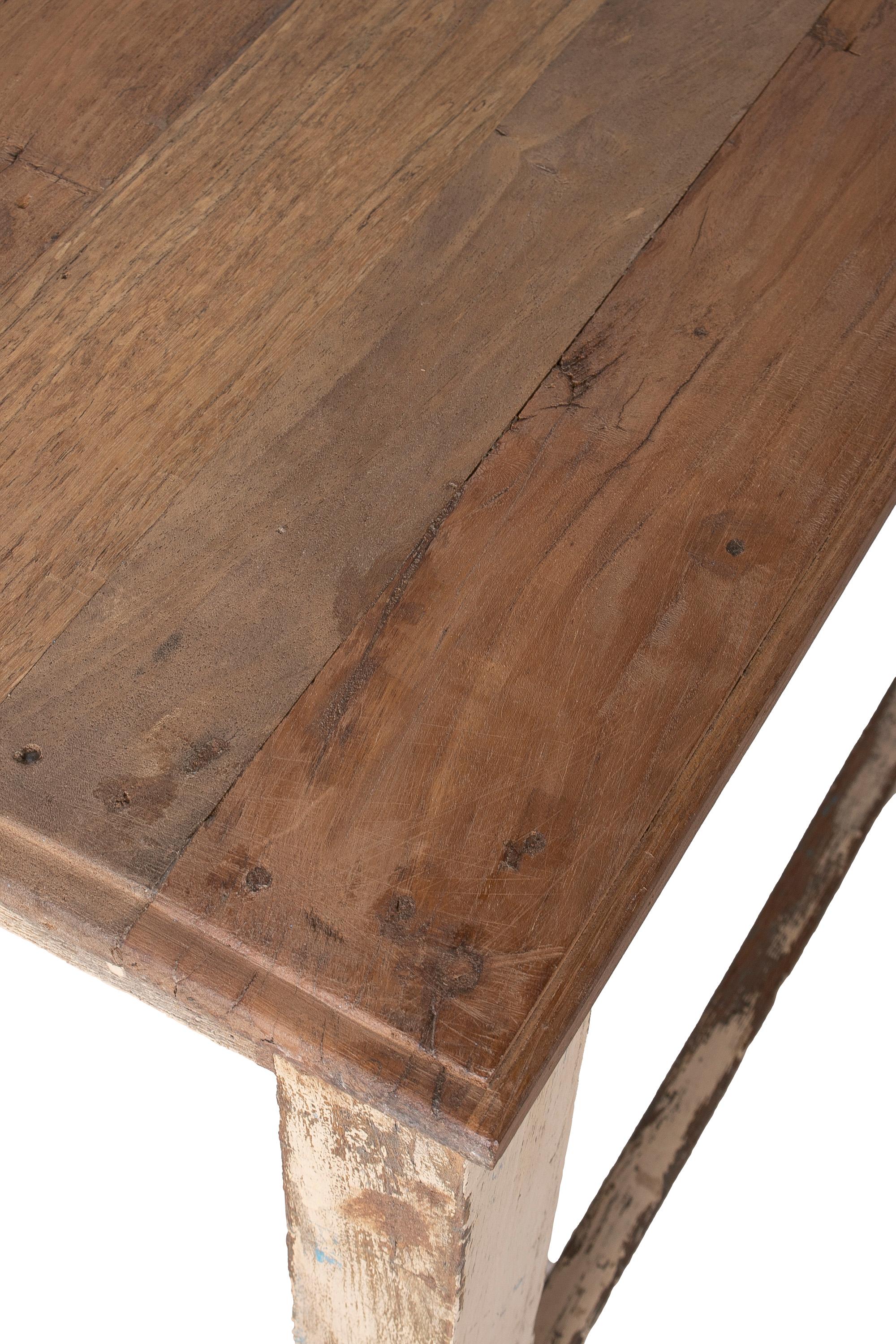 1970s Spanish Industrial Washed Wood Table w/ Crossbeam Legs For Sale 6