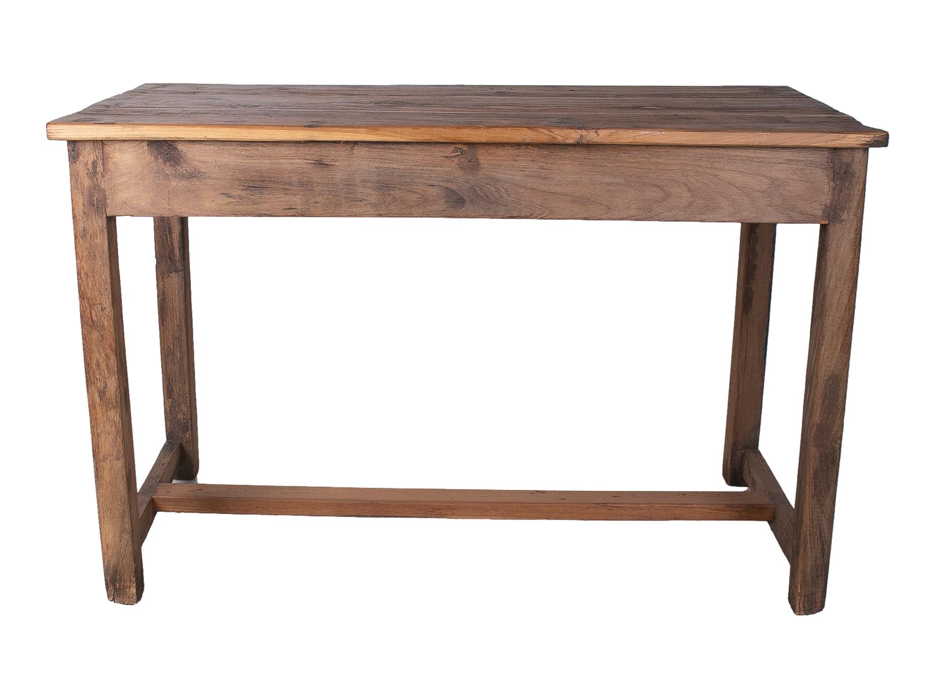 1970s Spanish industrial wooden 2-drawer table with crossbeam legs.