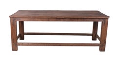 1970s Spanish Industrial Washed Wood Table w/ Crossbeam Legs