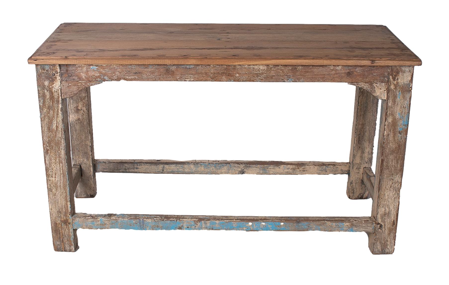 1970s Spanish industrial washed wood table with crossbeam legs.