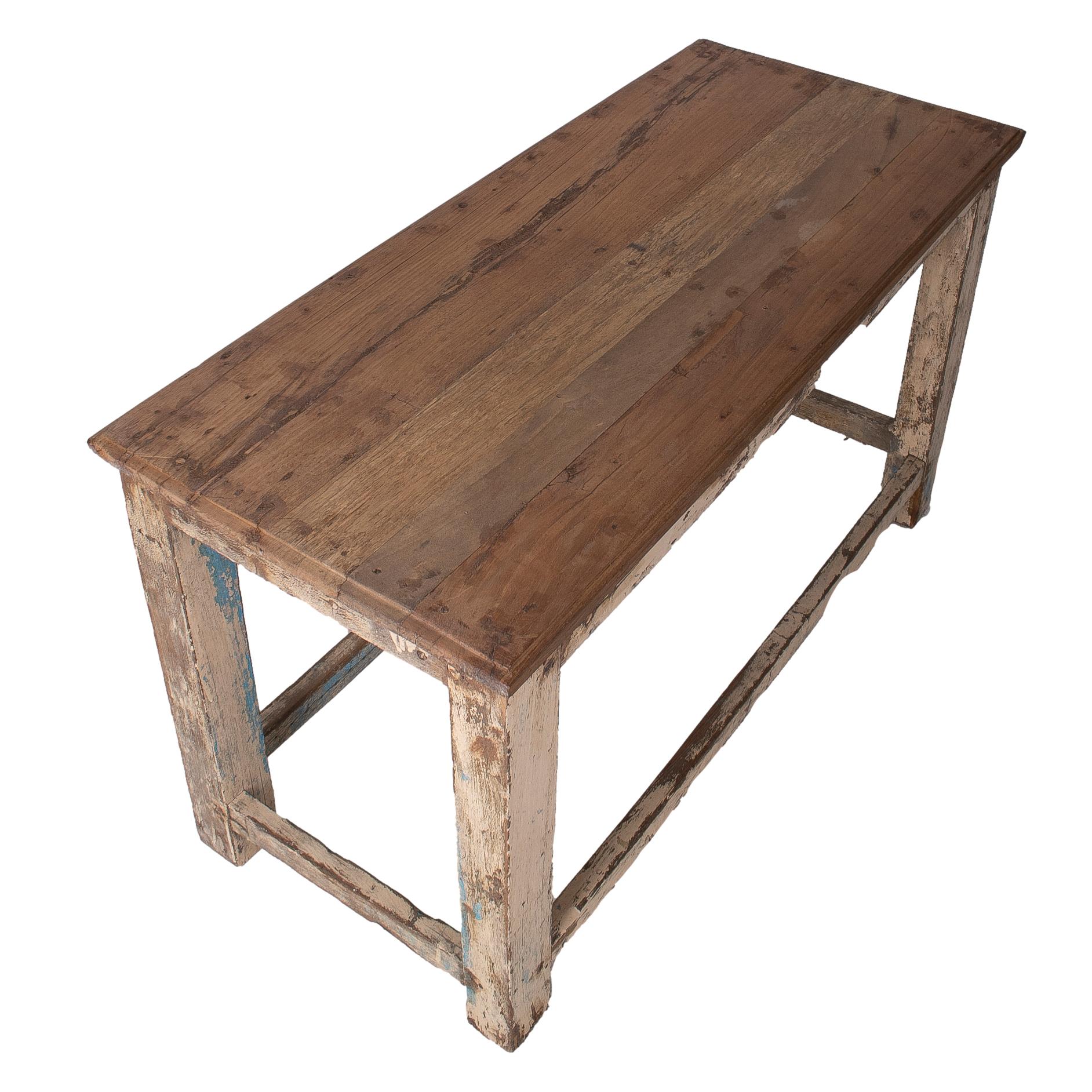 1970s Spanish Industrial Washed Wood Table w/ Crossbeam Legs For Sale 1