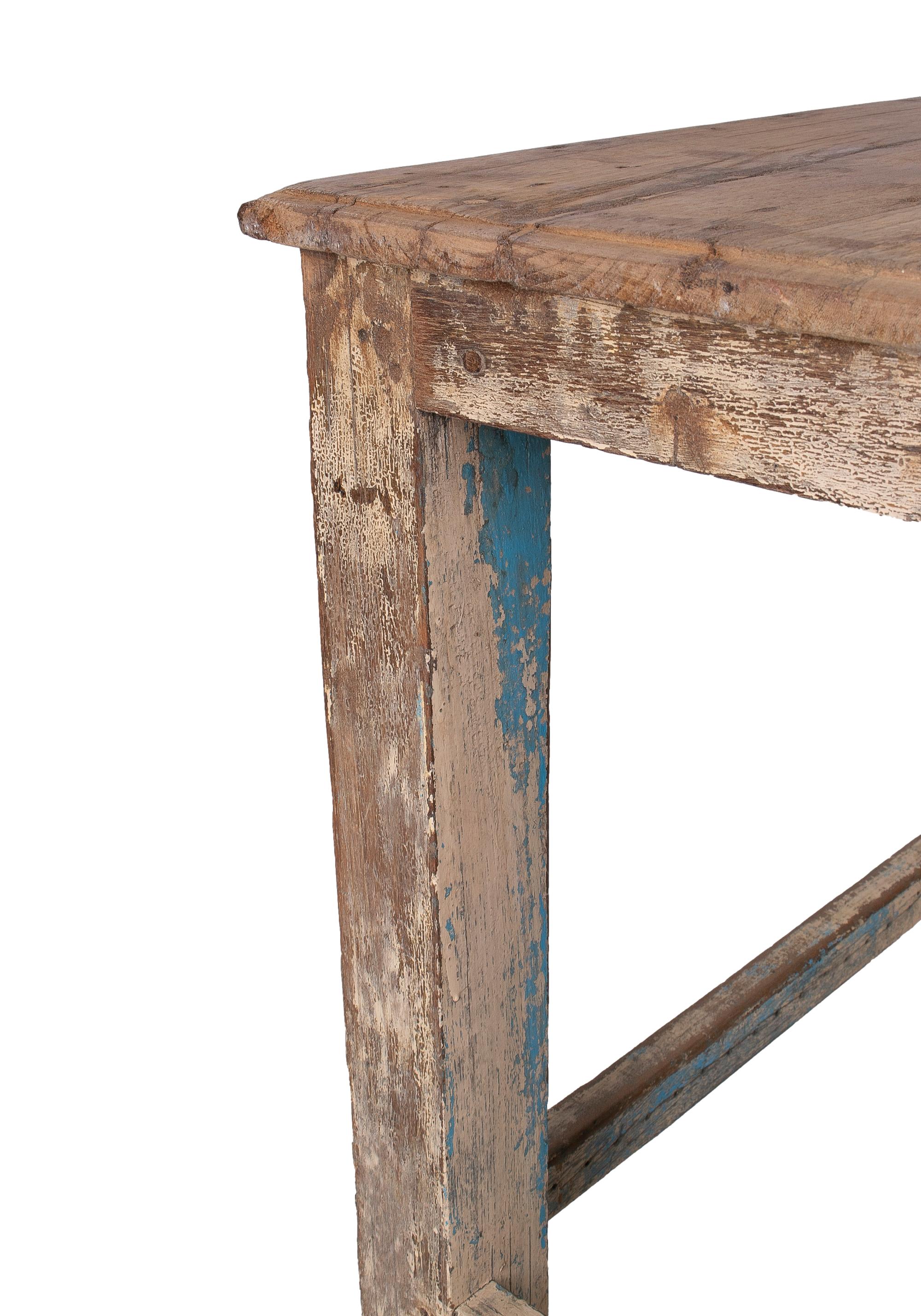 1970s Spanish Industrial Washed Wood Table w/ Crossbeam Legs For Sale 2