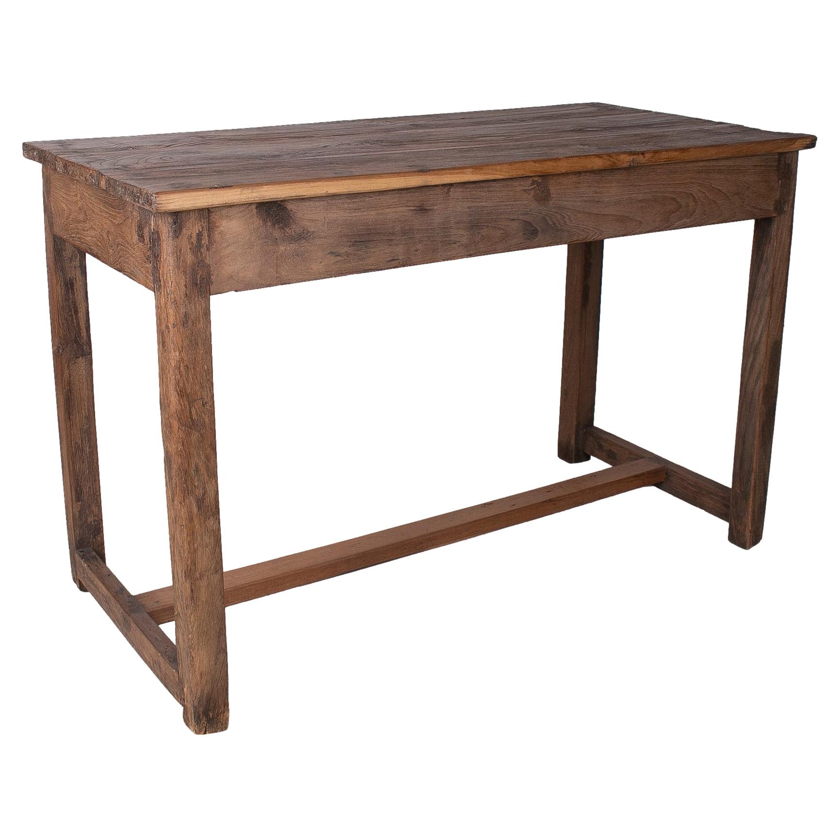 1970s Spanish Industrial Washed Wood Table w/ Crossbeam Legs For Sale