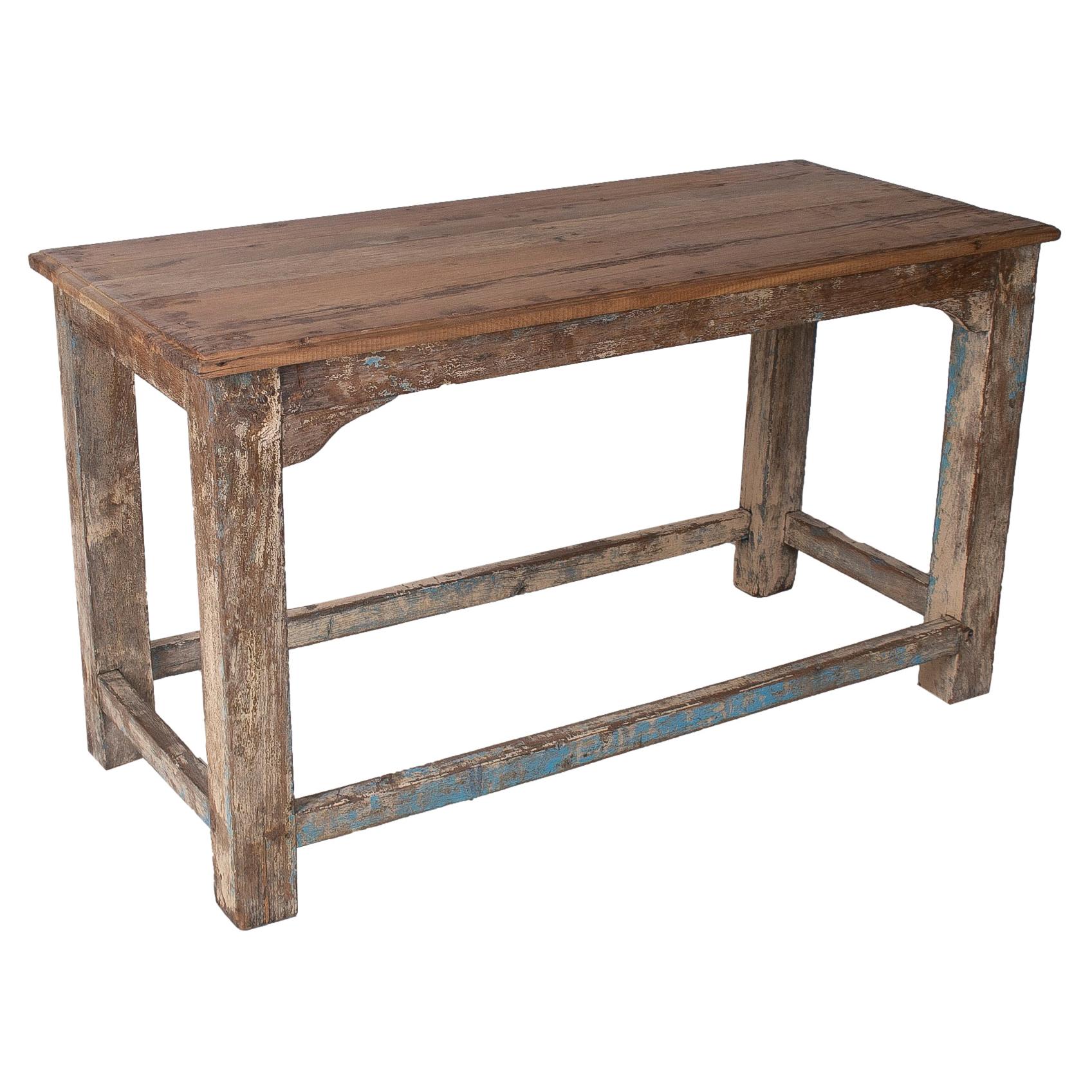 1970s Spanish Industrial Washed Wood Table w/ Crossbeam Legs For Sale