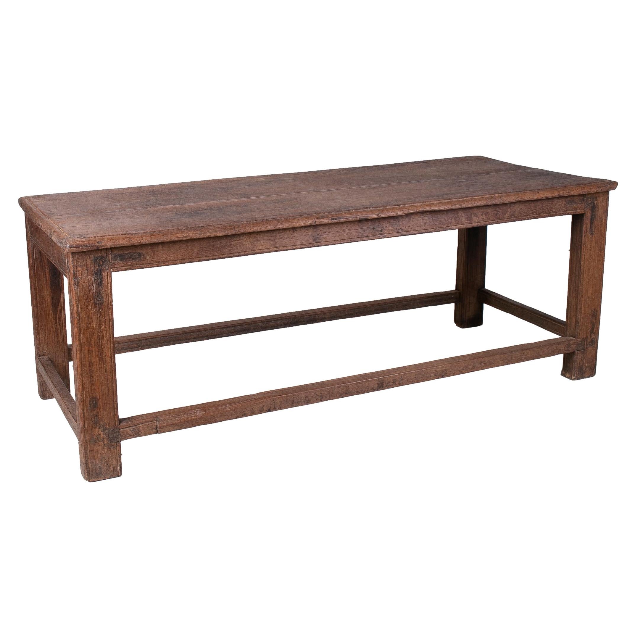 1970s Spanish Industrial Washed Wood Table w/ Crossbeam Legs For Sale