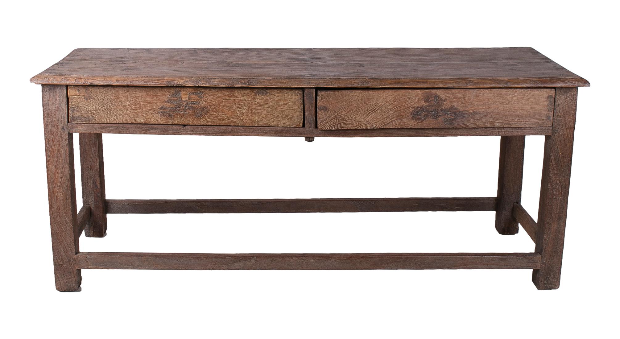 table à 2 tiroirs en bois industriel espagnol des années 1970, avec des pieds en forme de croix.