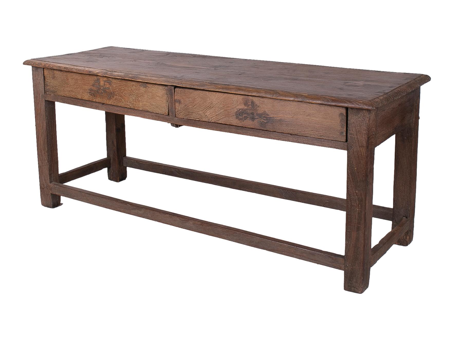 20th Century 1970s Spanish Industrial Wooden 2-Drawer Table w/ Crossbeam Legs For Sale