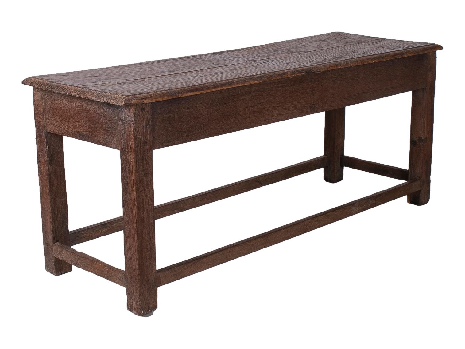 1970s Spanish Industrial Wooden 2-Drawer Table w/ Crossbeam Legs For Sale 1