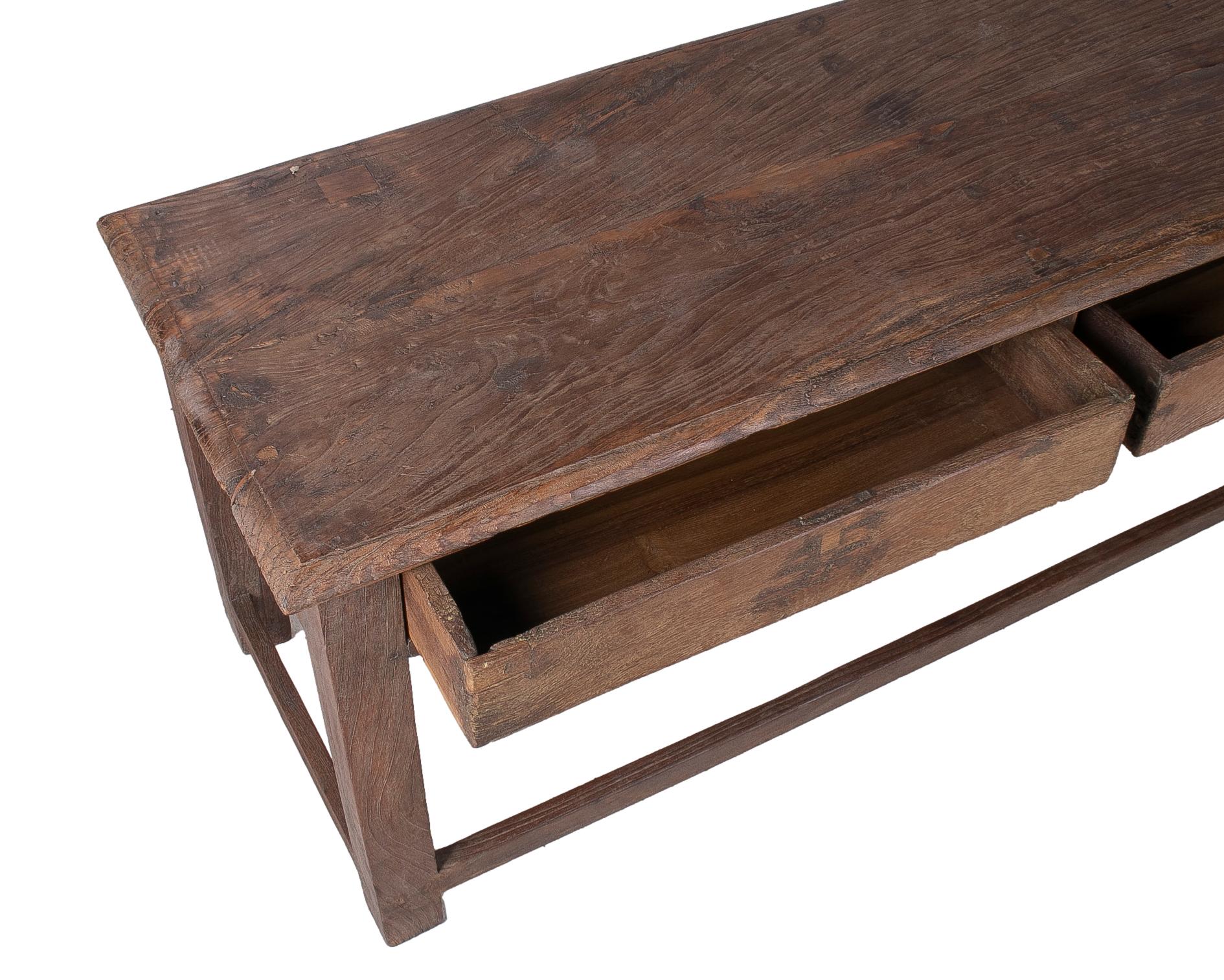 1970s Spanish Industrial Wooden 2-Drawer Table w/ Crossbeam Legs For Sale 4
