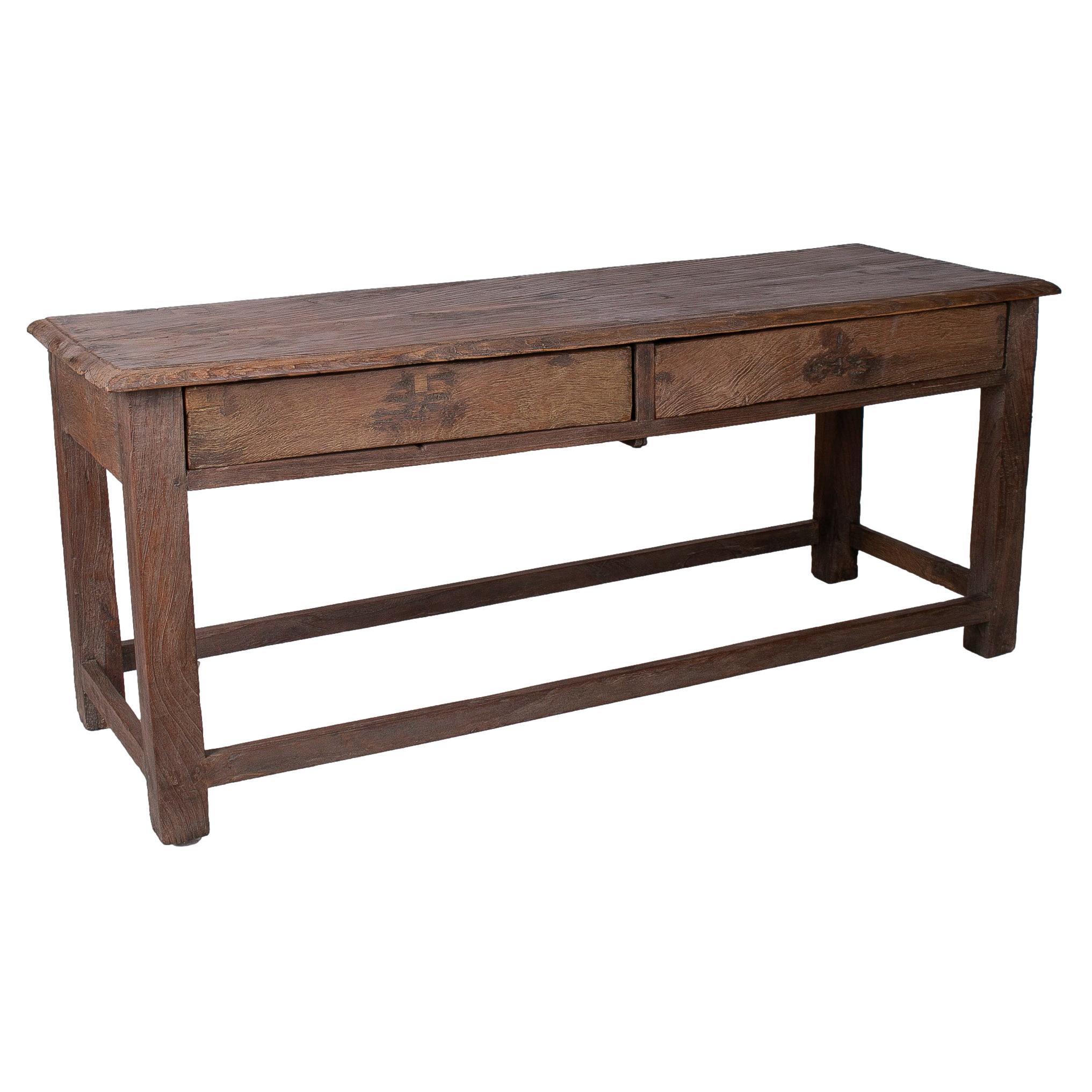 1970s Spanish Industrial Wooden 2-Drawer Table w/ Crossbeam Legs