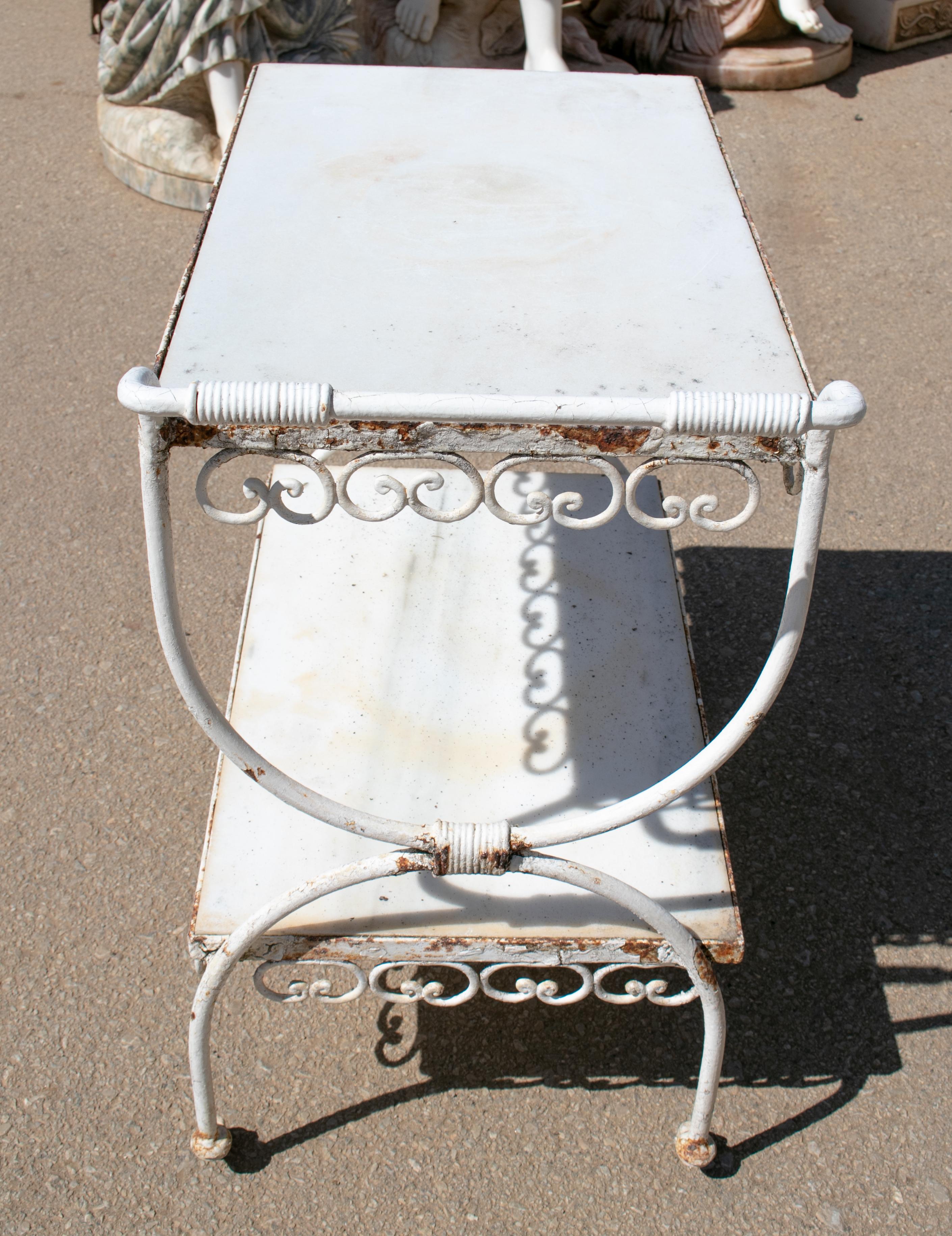 20th Century 1970s Spanish Iron Drinks Trolley with Marble Shelves For Sale