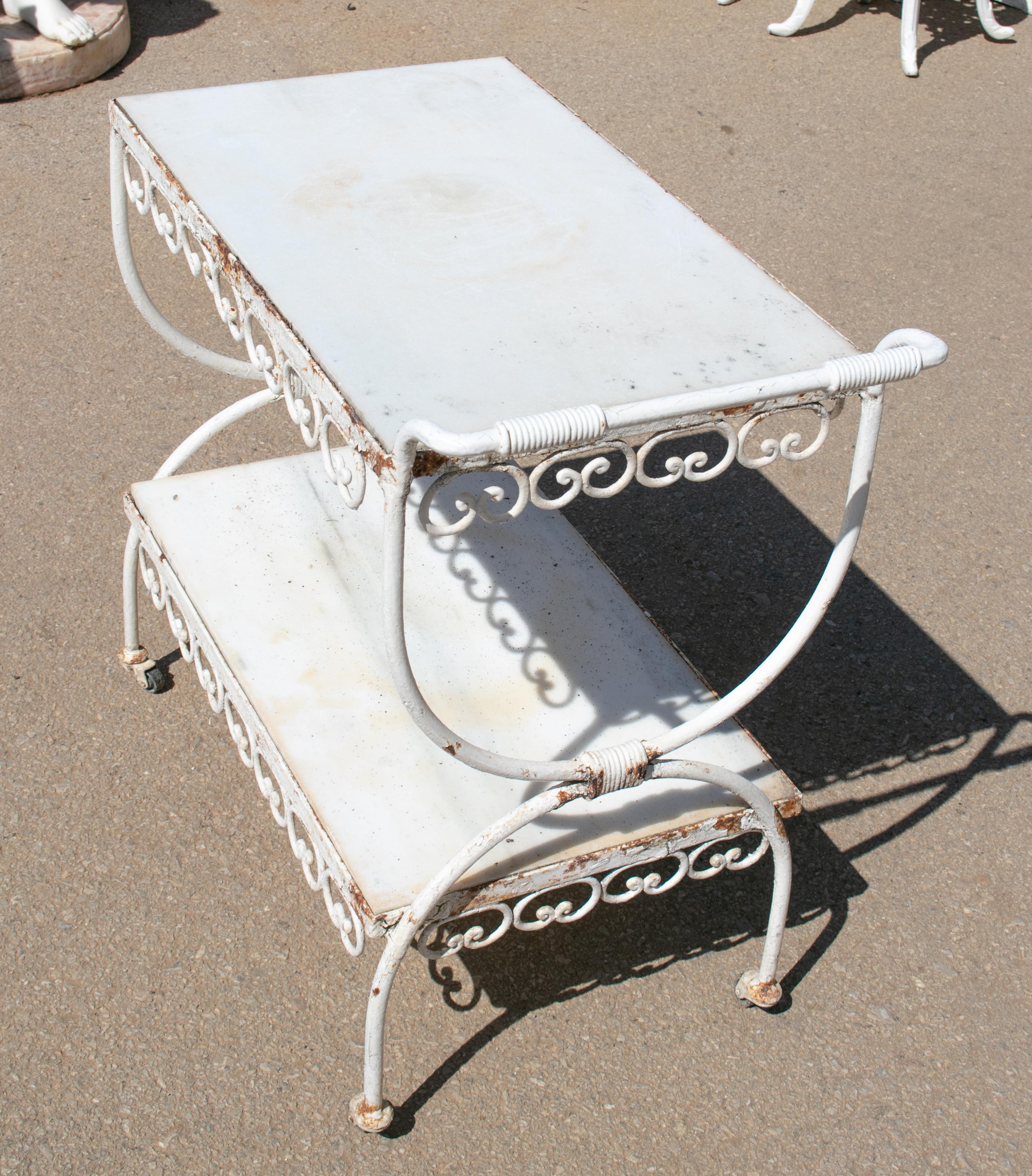 1970s Spanish Iron Drinks Trolley with Marble Shelves For Sale 2
