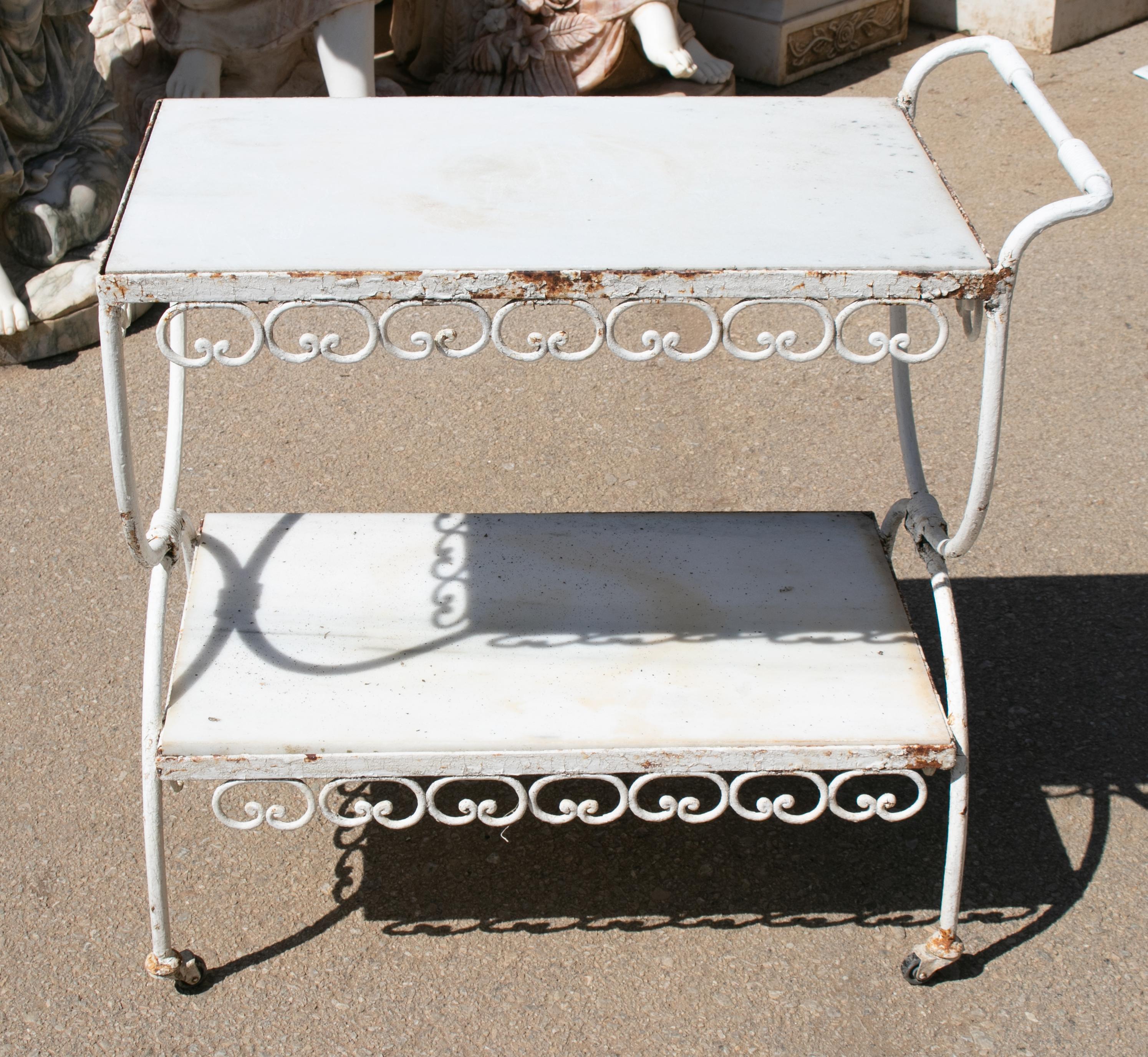 1970s Spanish Iron Drinks Trolley with Marble Shelves For Sale 3