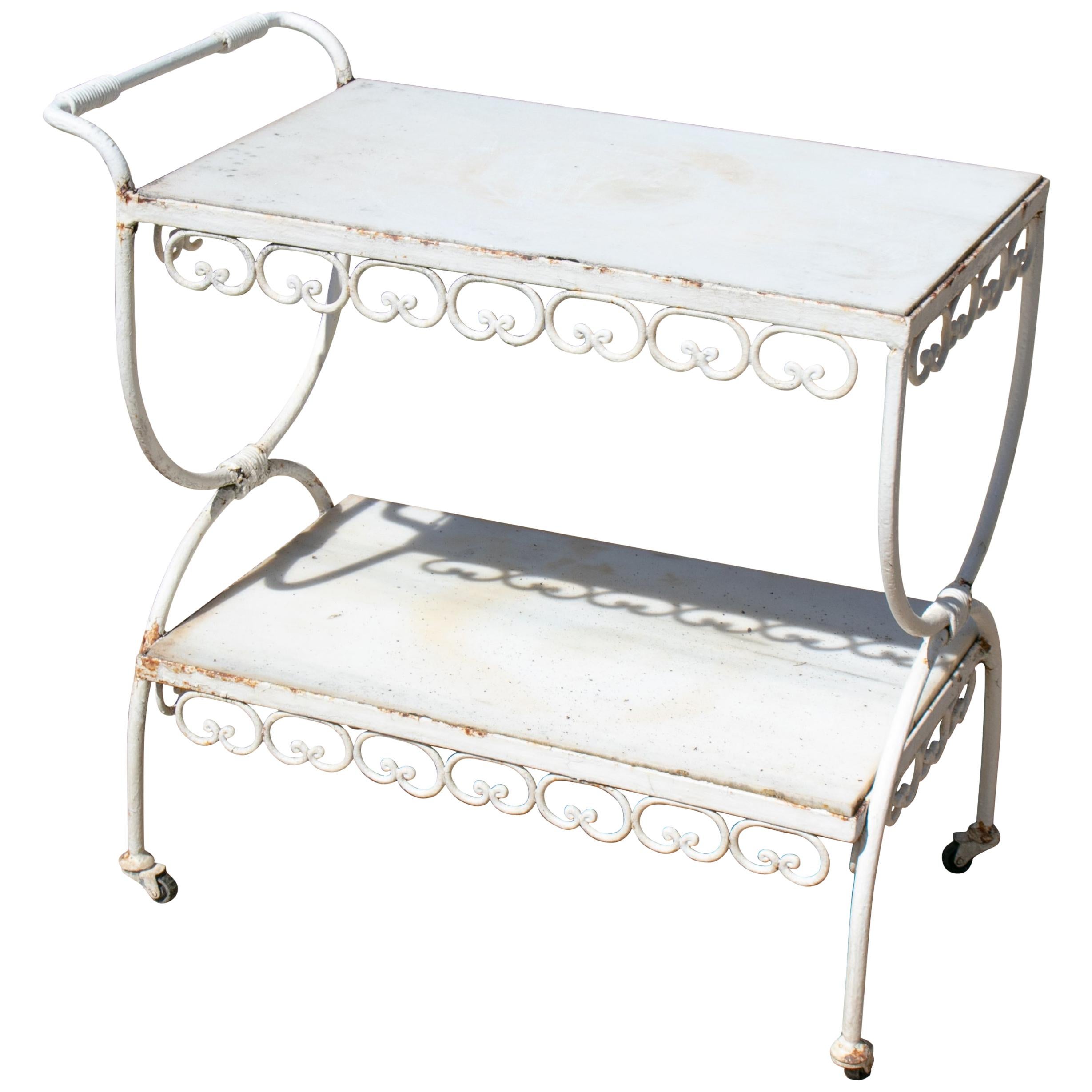 1970s Spanish Iron Drinks Trolley with Marble Shelves For Sale