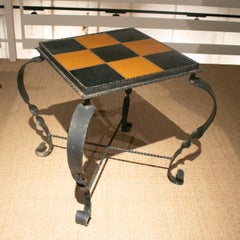 1970s Spanish Iron Garden Table w/ Checkered Glazed Ceramic Tiles Top