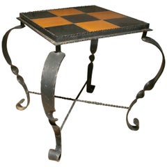 1970s Spanish Iron Garden Table w/ Checkered Glazed Ceramic Tiles Top