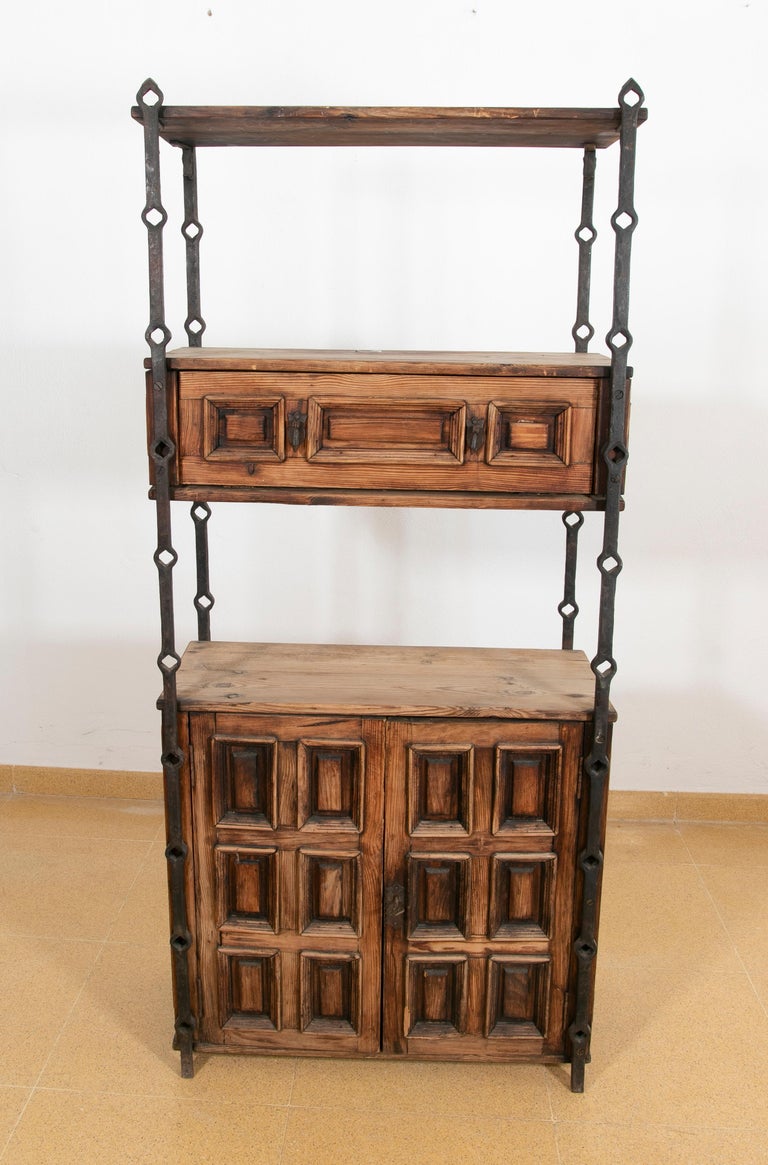 1970s, Spanish, Iron Shelving with Wooden Drawers and Doors For Sale at