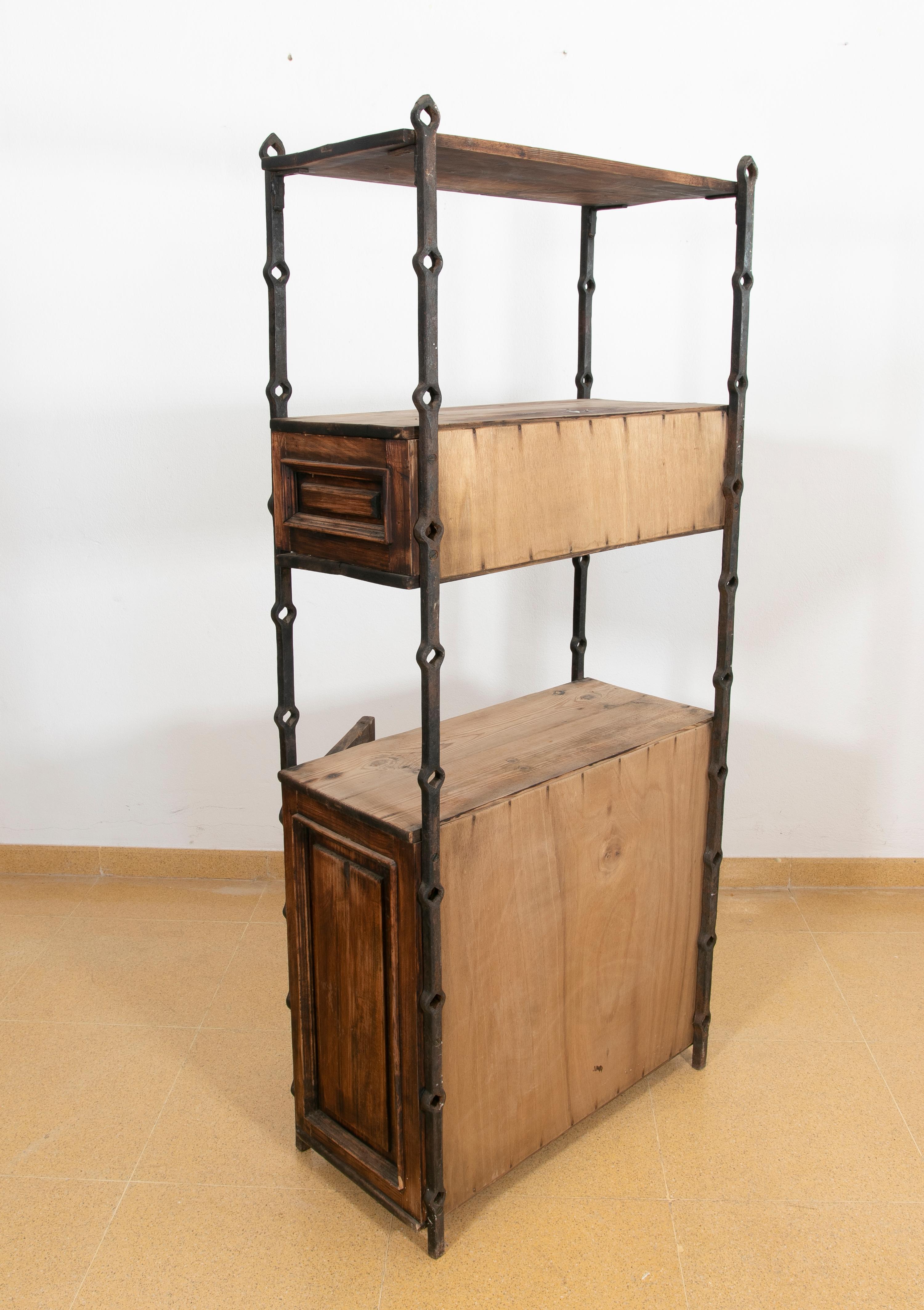 20th Century 1970s, Spanish, Iron Shelving with Wooden Drawers and Doors For Sale