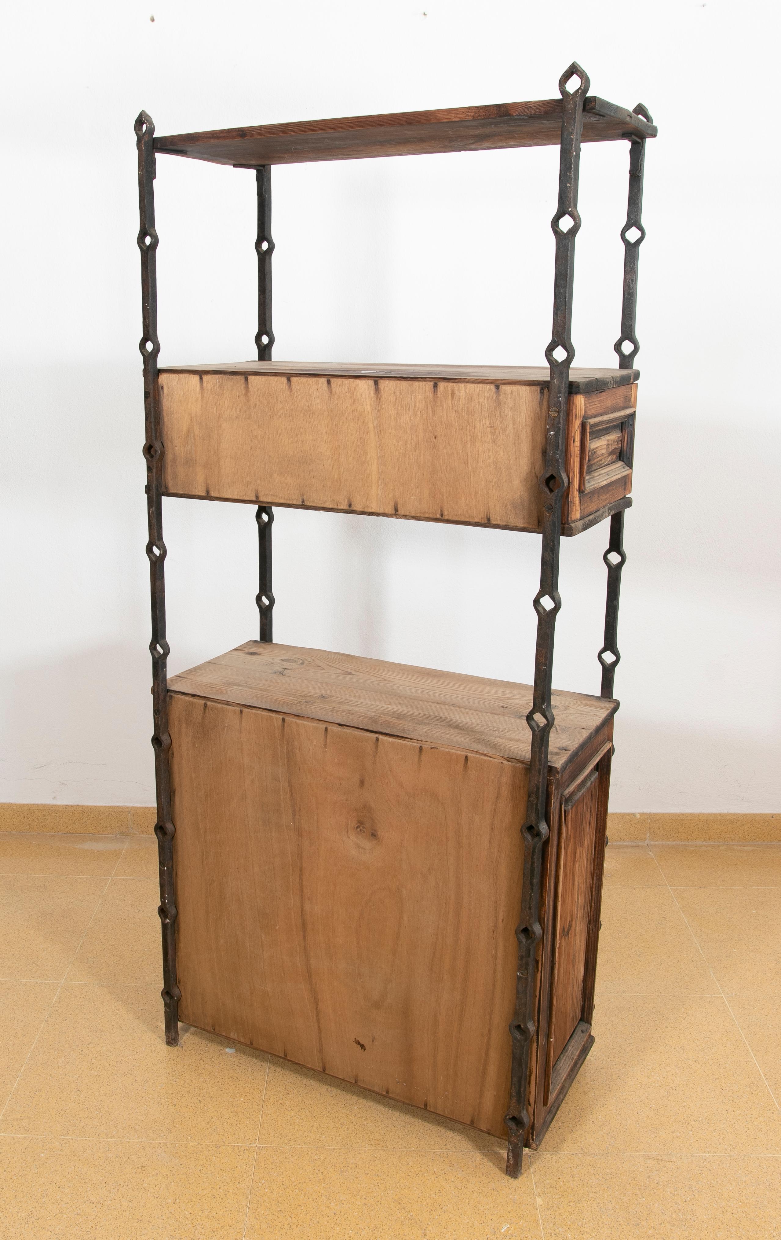 1970s, Spanish, Iron Shelving with Wooden Drawers and Doors For Sale 1