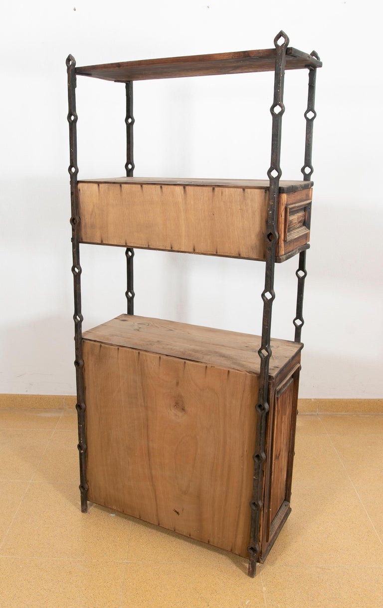 1970s, Spanish, Iron Shelving with Wooden Drawers and Doors For Sale at