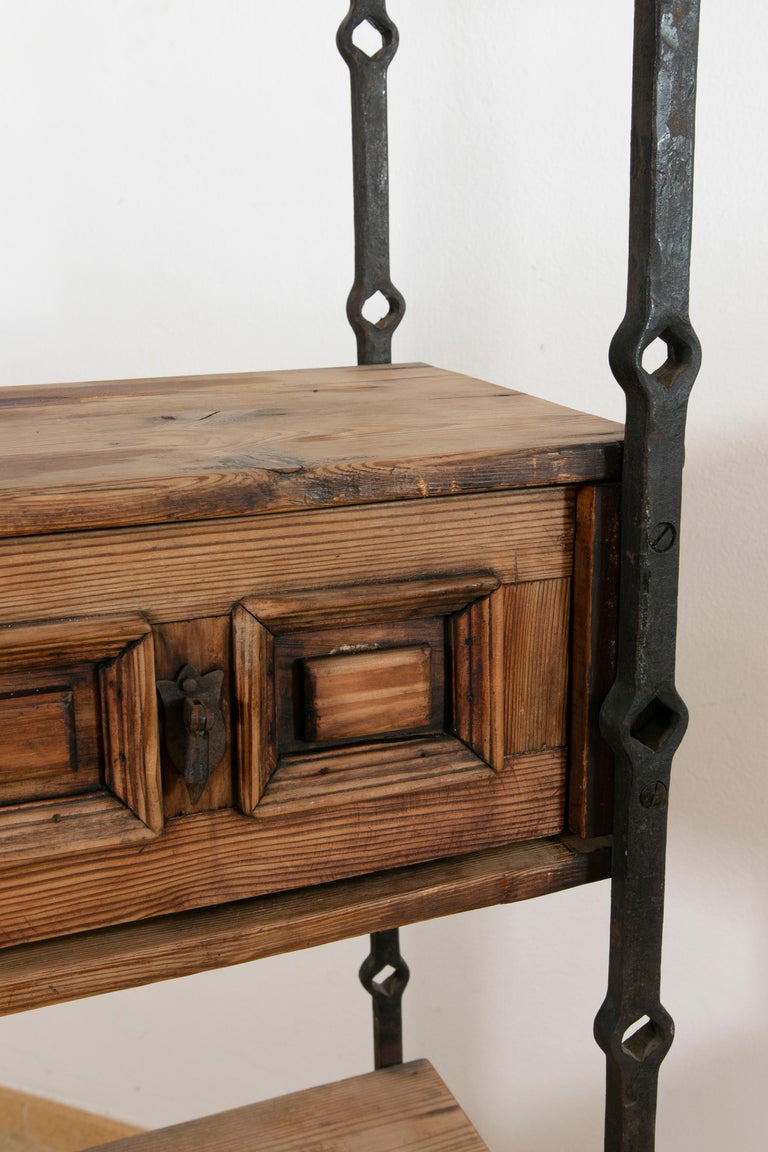 1970s, Spanish, Iron Shelving with Wooden Drawers and Doors For Sale at