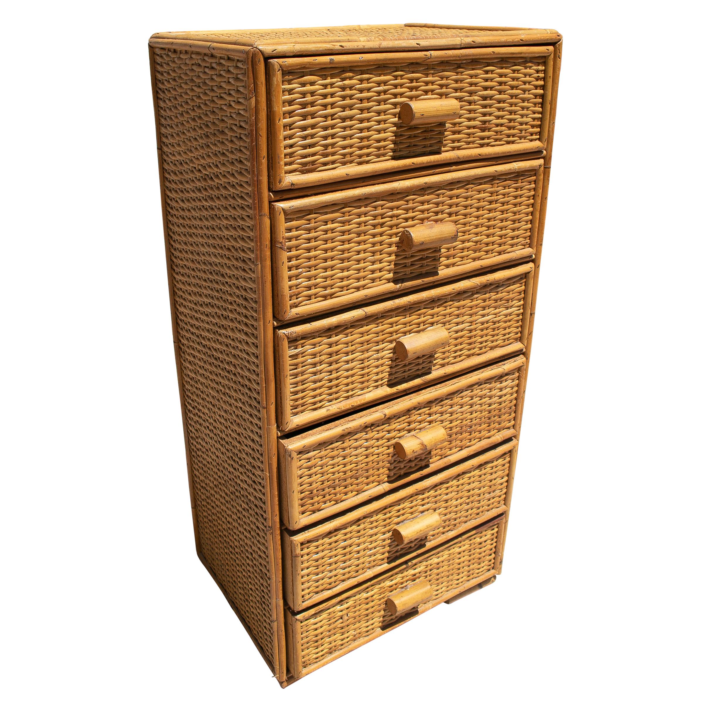 1970s Spanish Lace Wicker 6-Drawer Tall Chest For Sale