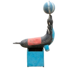 1970s Spanish Large Iron Seal & Ball Sculpture W/ Original Paint