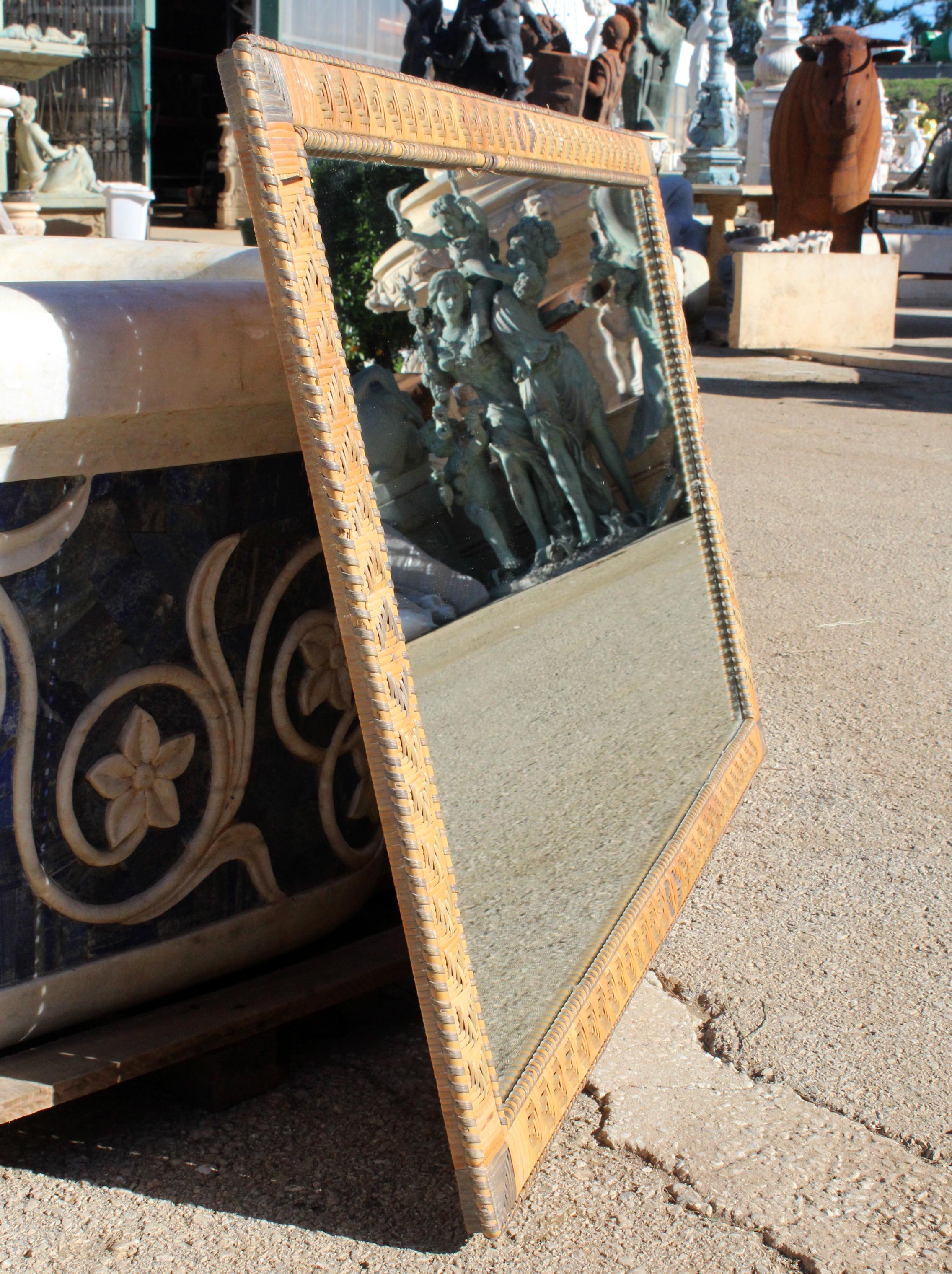 20th Century 1970s Spanish Lazed Wicker Framed Mirror