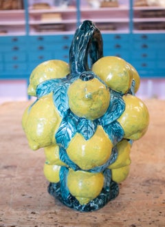 1970s Spanish Lemons Hand Painted "Botijo" Earthenware Water Jug