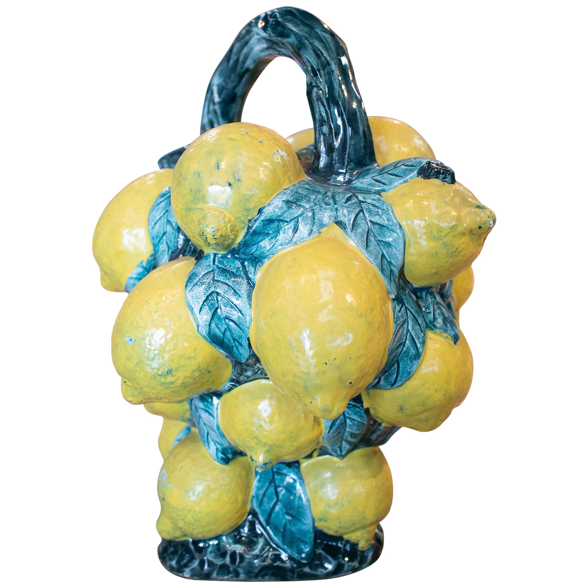 1970s Spanish Lemons Hand Painted "Botijo" Earthenware Water Jug