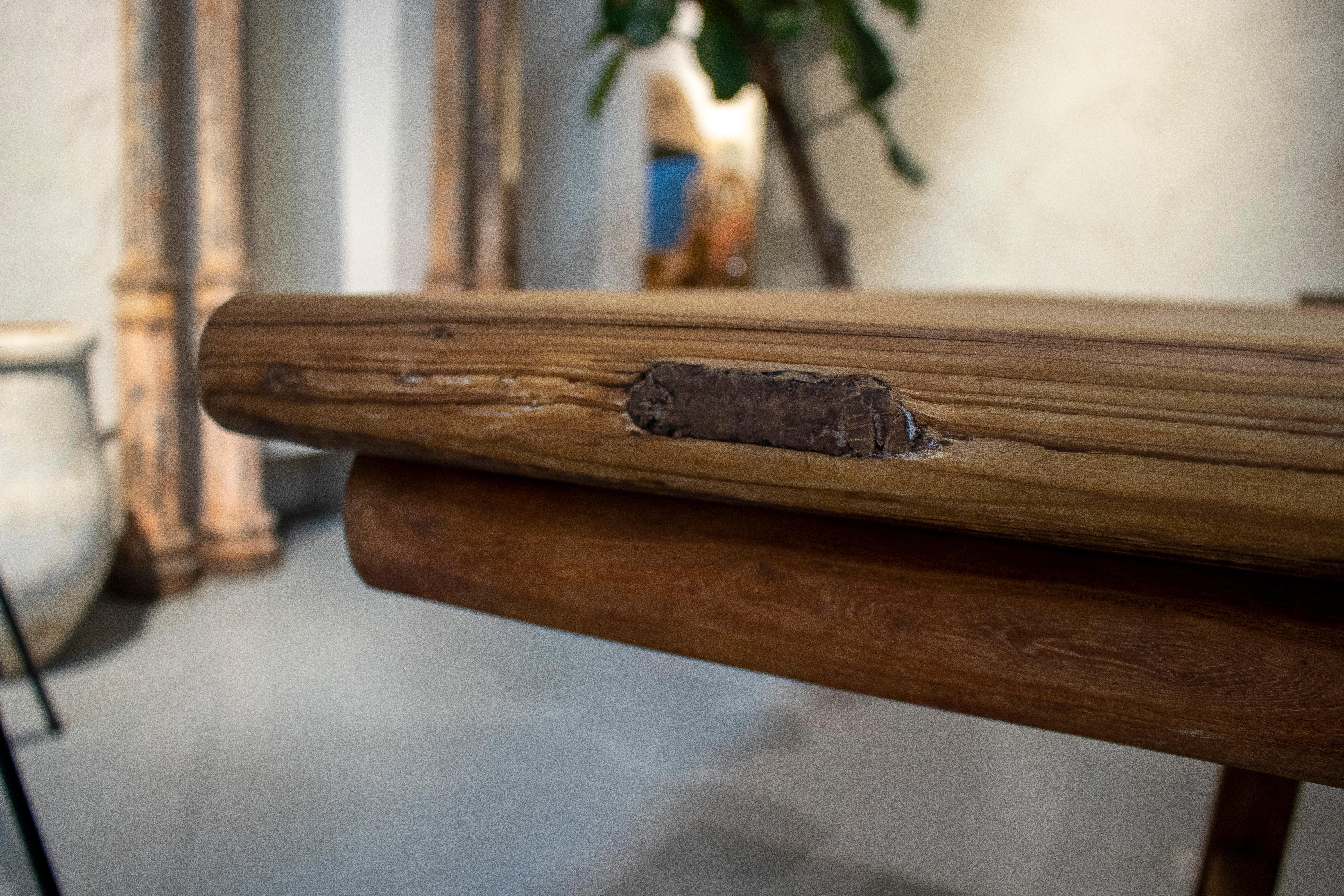 1970s Spanish Lime Washed Elm Wood Farmhouse Dining Table 8