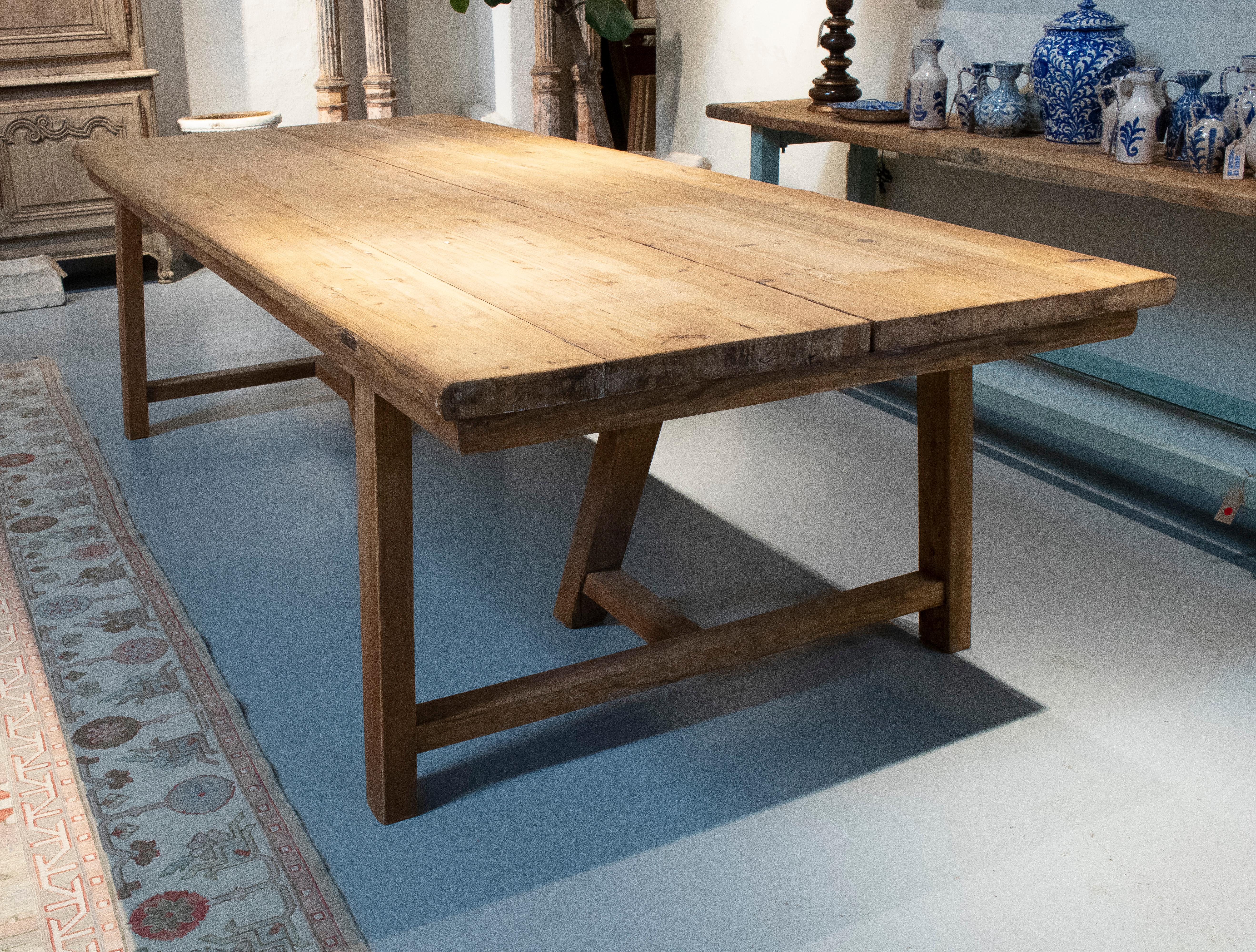 Rustic 1970s Spanish lime washed elm wood farmhouse dining table.
