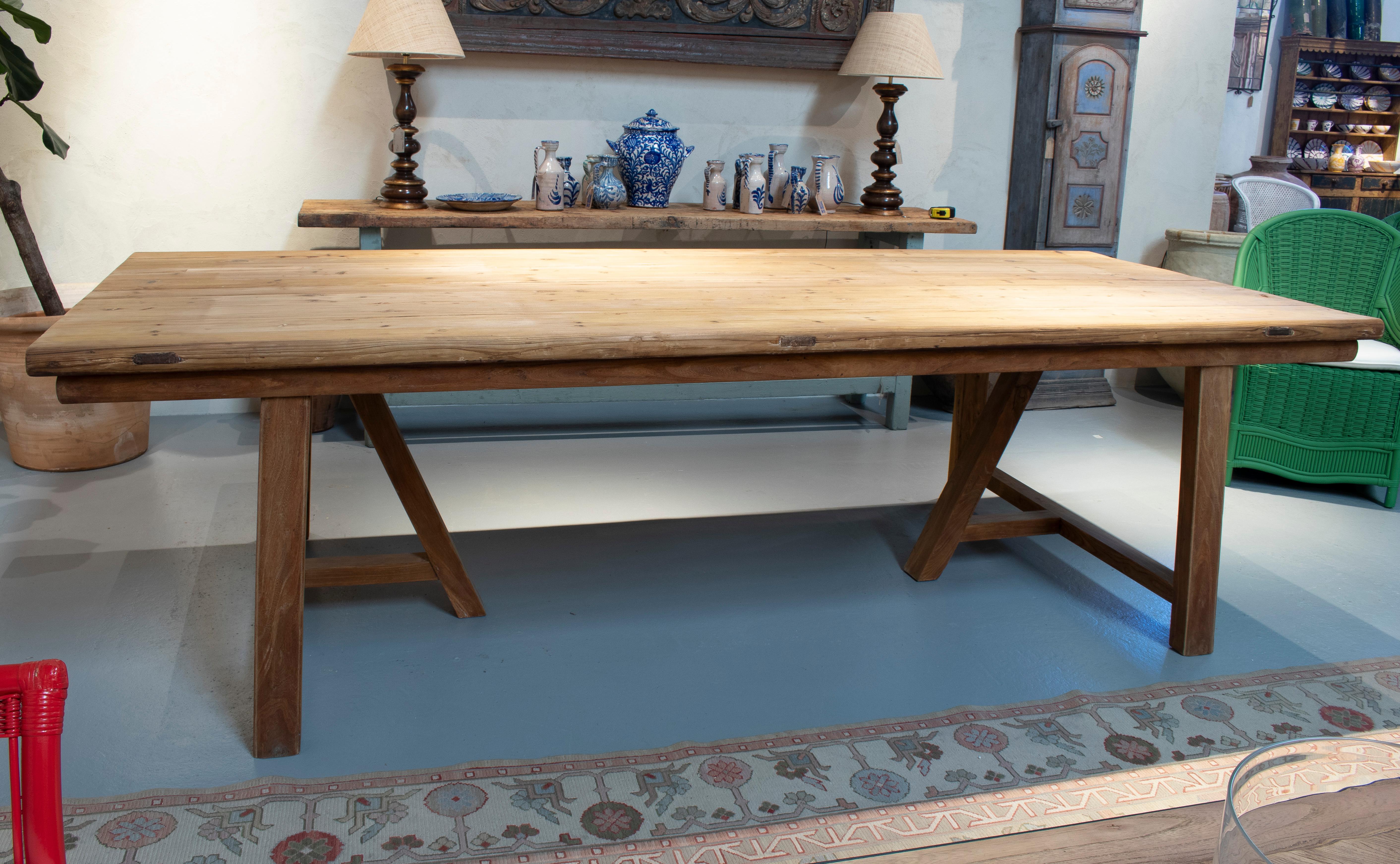 European 1970s Spanish Lime Washed Elm Wood Farmhouse Dining Table