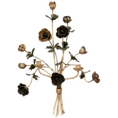 1970s Spanish Metal Wall Lamp in the Shape of Branches with Polychromed Flowers
