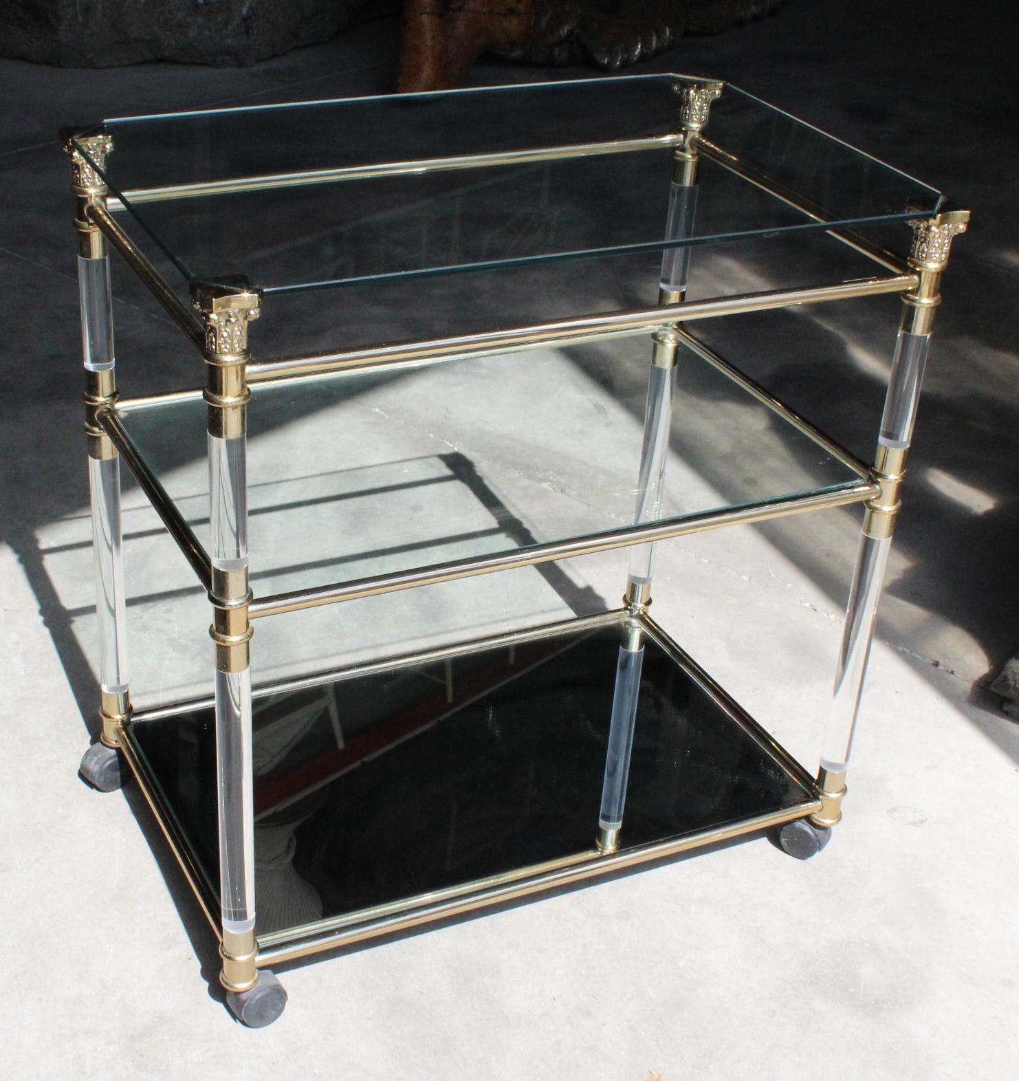 Late 20th Century 1970s Spanish Methacrylate, Glass and Brass TV Table