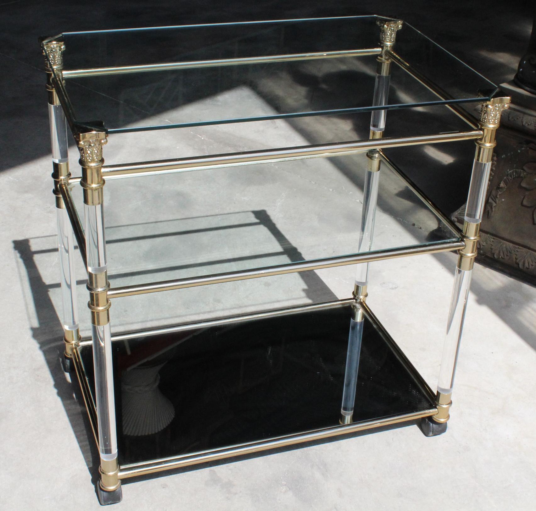 1970s Spanish Methacrylate, Glass and Brass TV Table 1