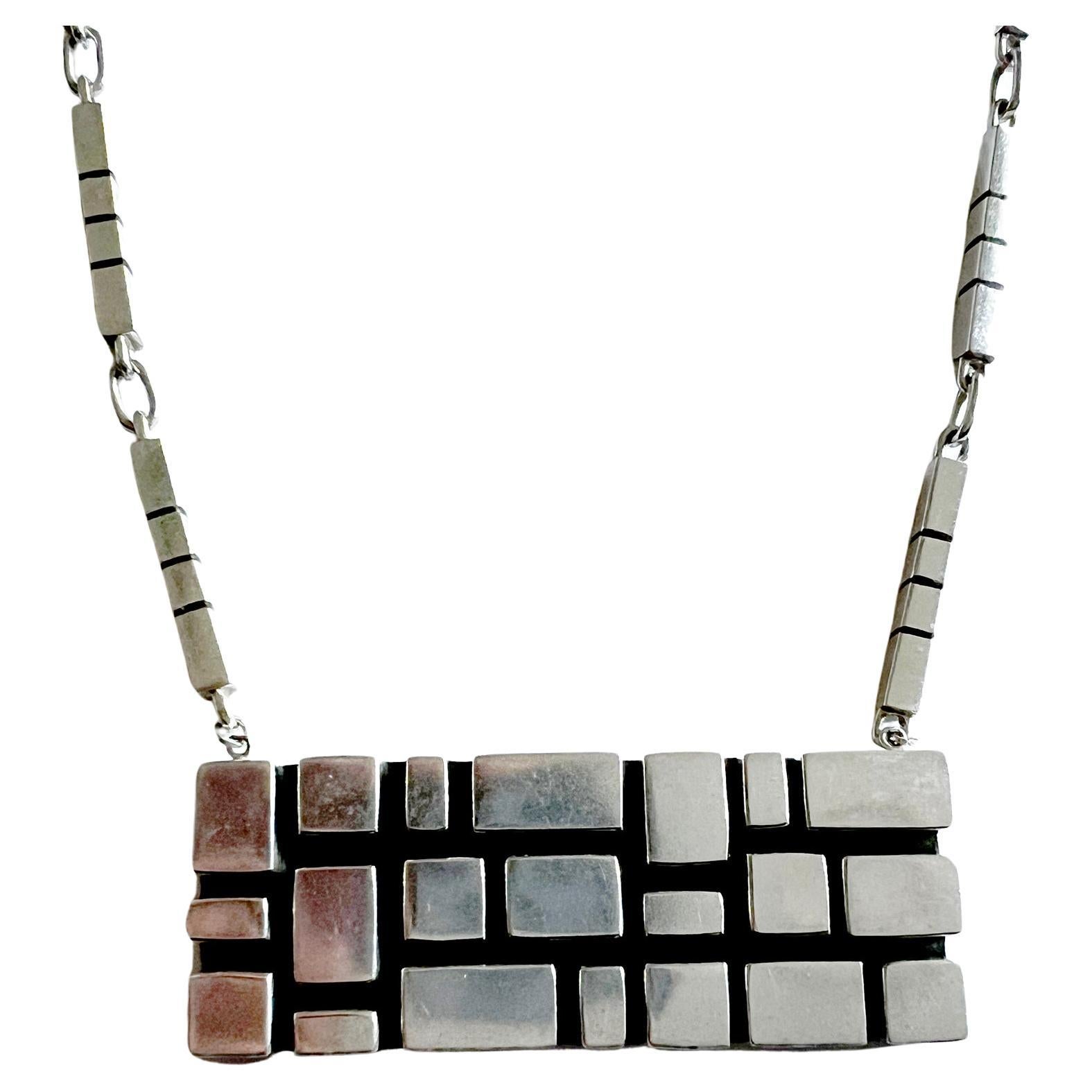 1970er Jahre Spanisch Modernist Geometrische Grid Sterling Silber Halskette und Armband (Modernistisch)