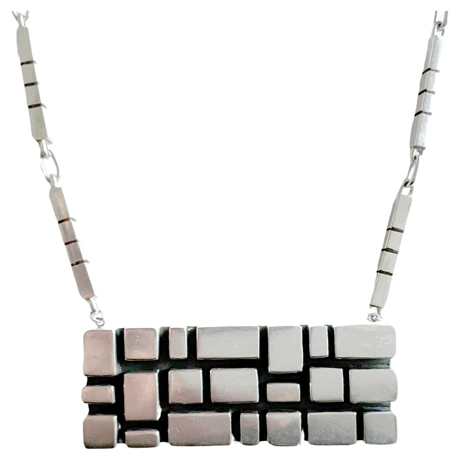 1970er Jahre Spanisch Modernist Geometrische Grid Sterling Silber Halskette und Armband für Damen oder Herren