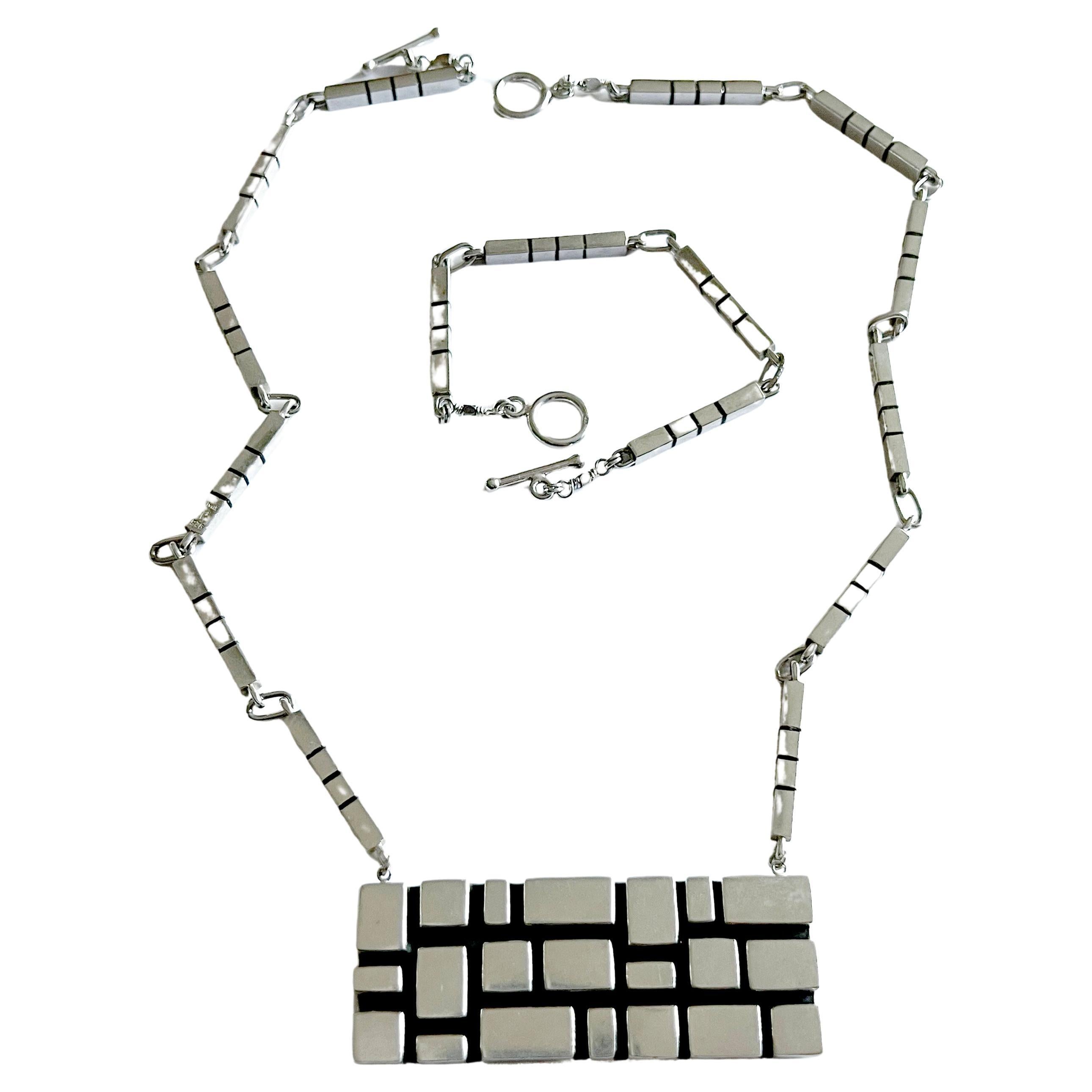 1970er Jahre Spanisch Modernist Geometrische Grid Sterling Silber Halskette und Armband
