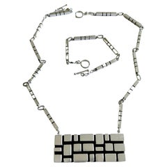 1970s Spanish Modernist Geometric Grid Sterling Silver Necklace and Bracelet