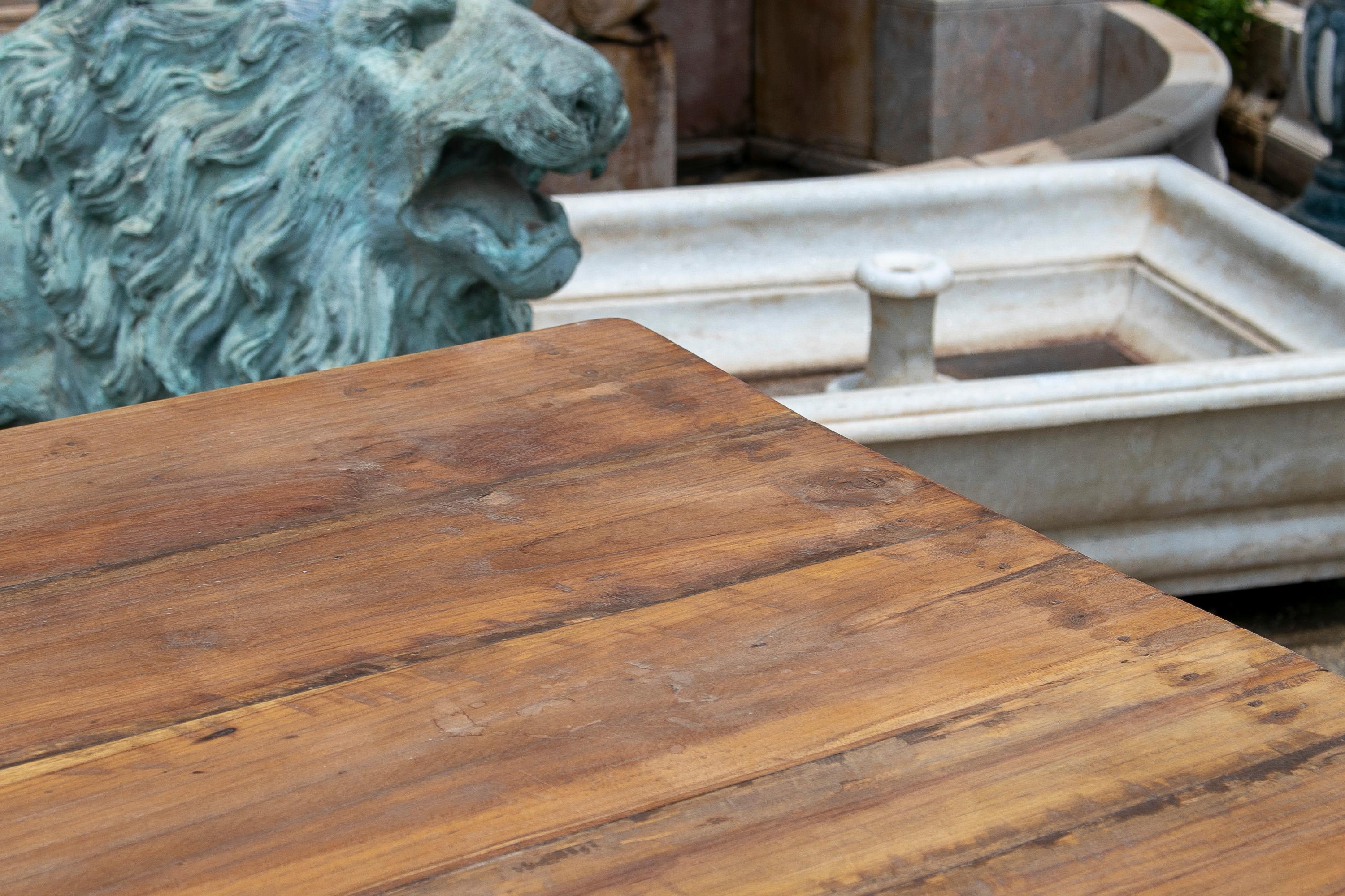 20th Century 1970s Spanish Natural Wood Rustic Farmhouse Working Table w/ Beams For Sale