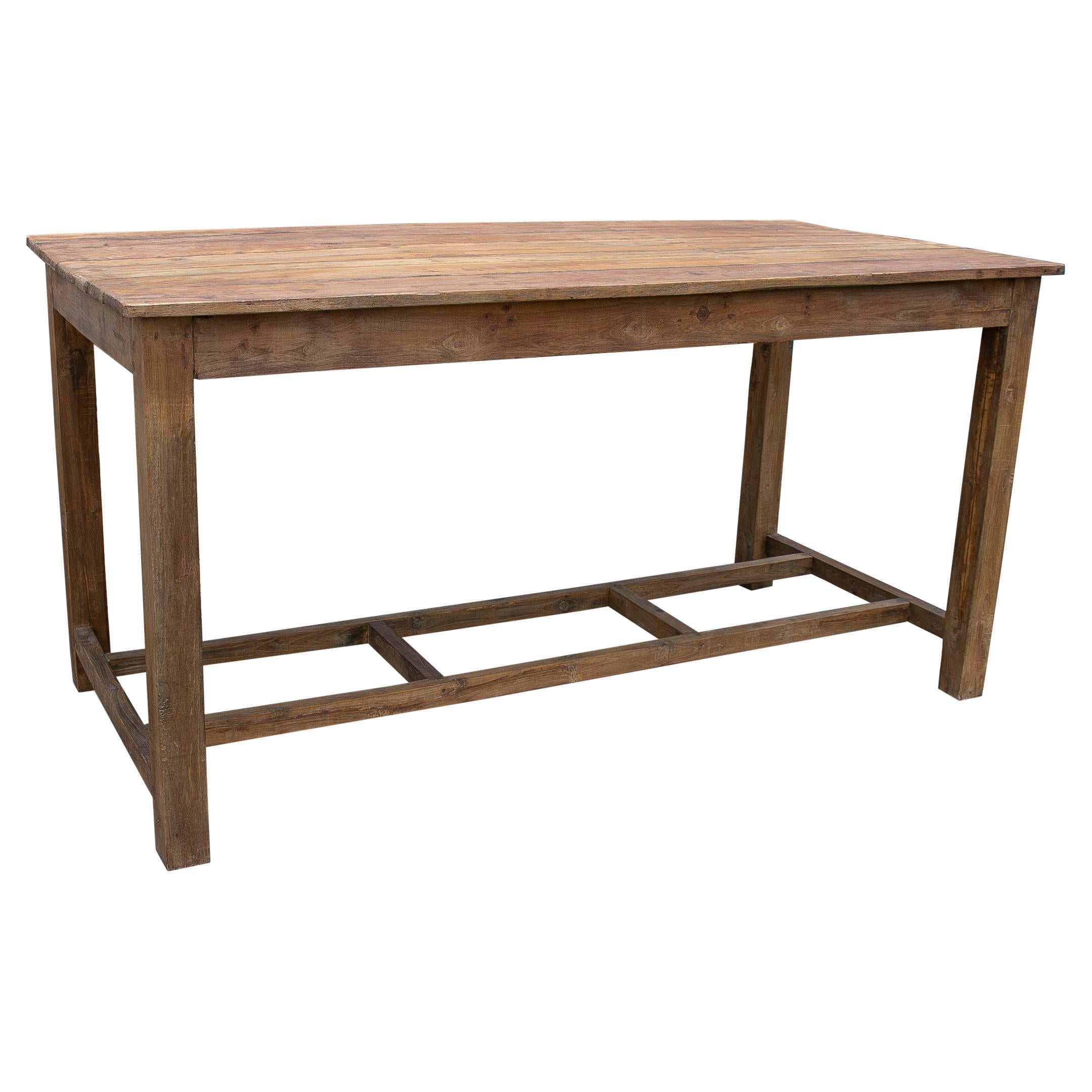 1970s Spanish Natural Wood Rustic Farmhouse Working Table w/ Beams For Sale