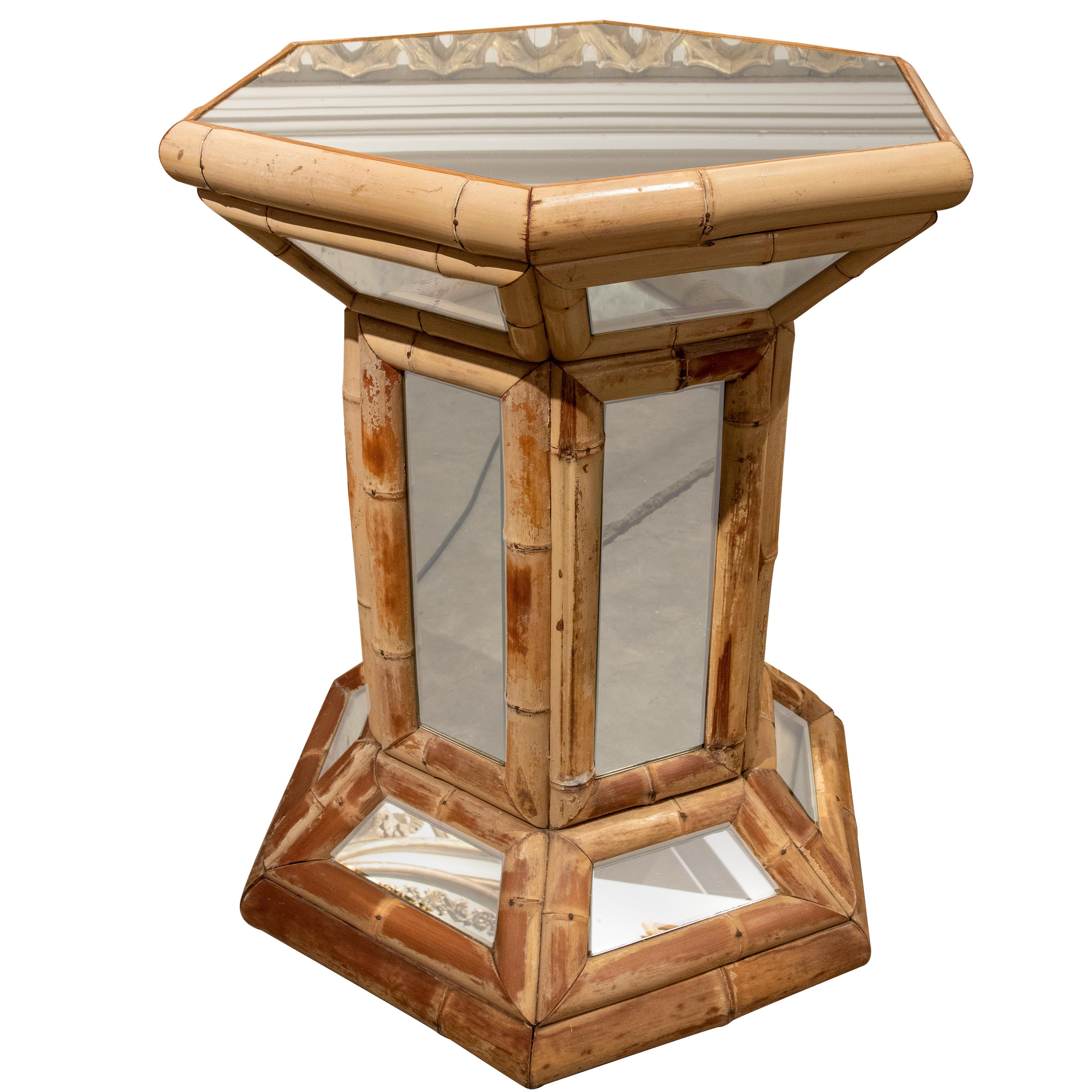 1970s Spanish Octagonal Bamboo Stand with Mirrors