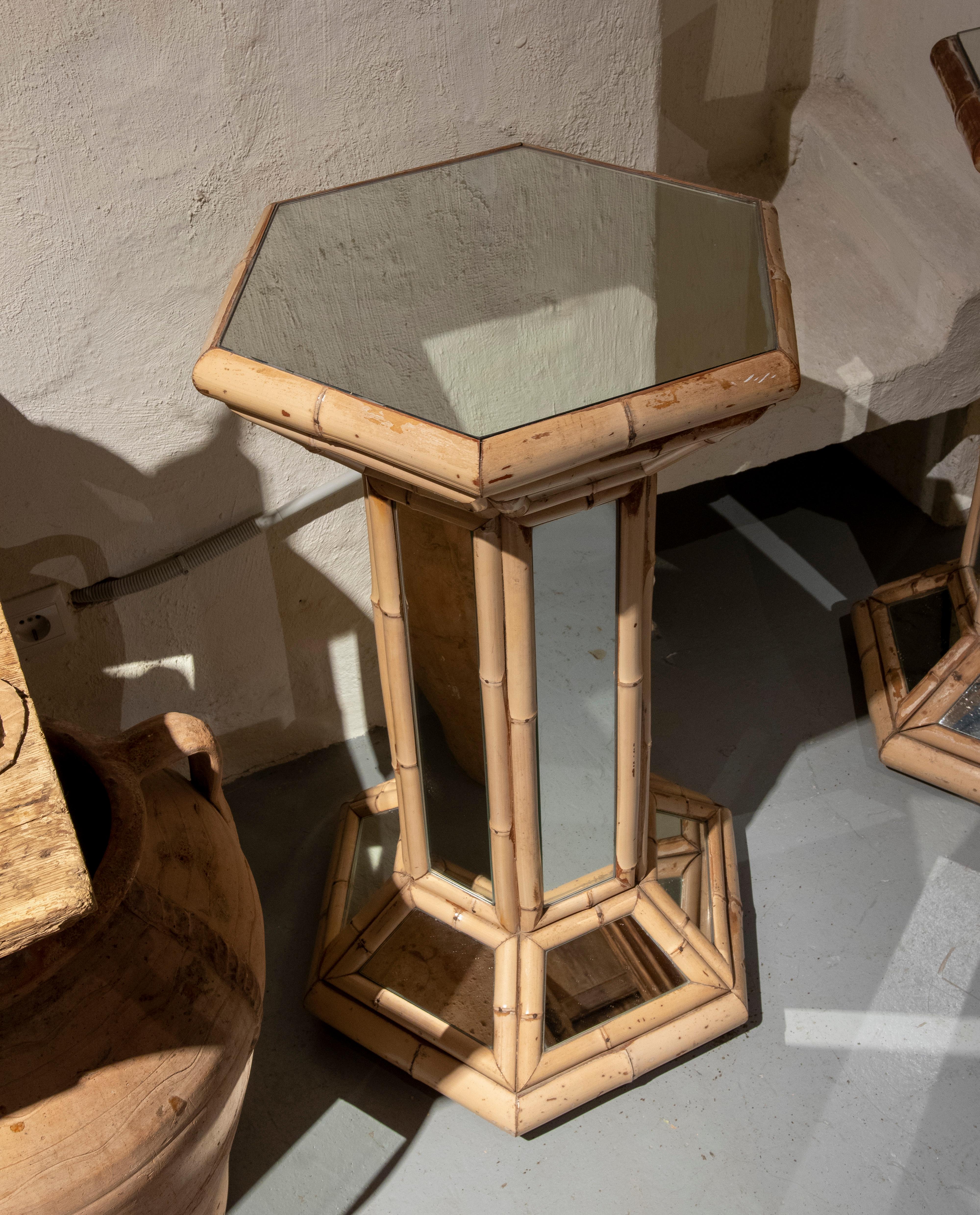20th Century 1970s Spanish Octagonal Bamboo Stands with Mirrors For Sale