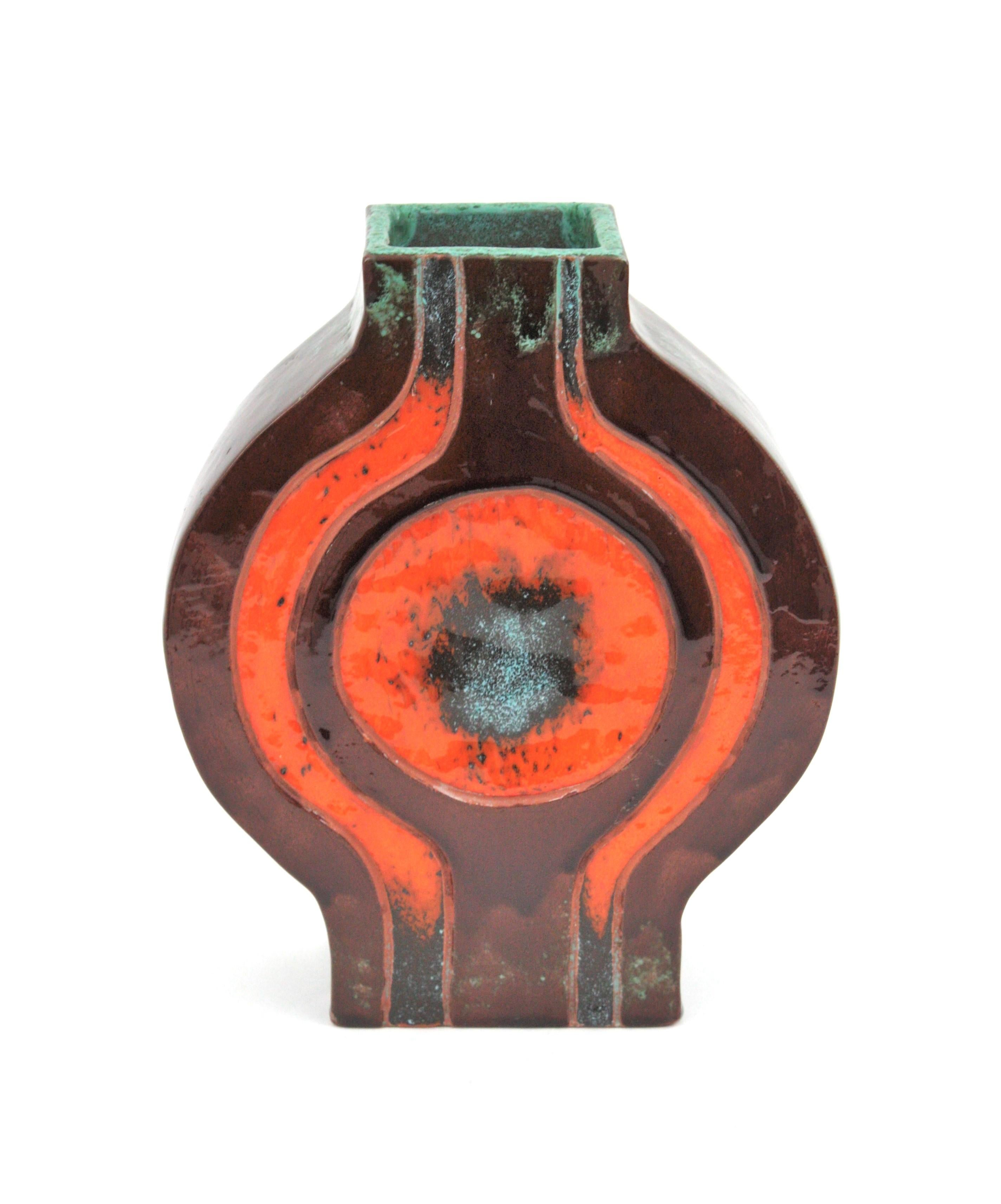 Espagnol Vase espagnol en céramique émaillée orange et Brown des années 1970 en vente