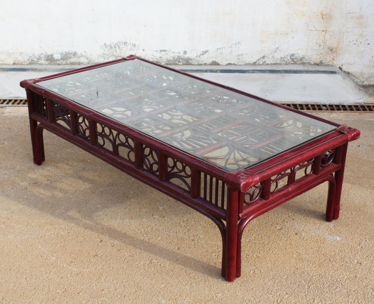 1970s Spanish Oriental Style Red Wooden Coffee Table with Leather Binds For Sale at 1stDibs