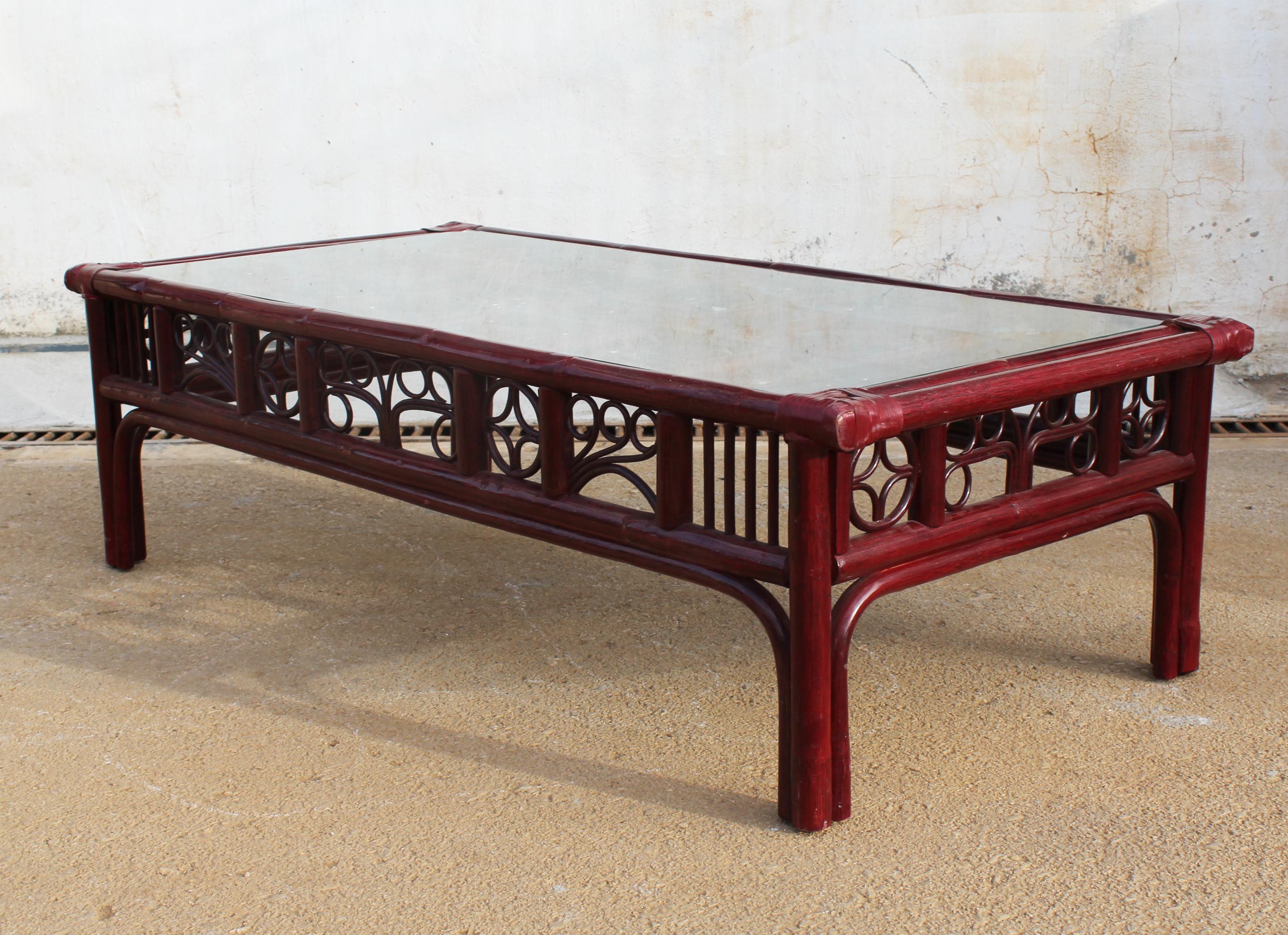 Bamboo 1970s Spanish Oriental Style Red Wooden Coffee Table with Leather Binds For Sale