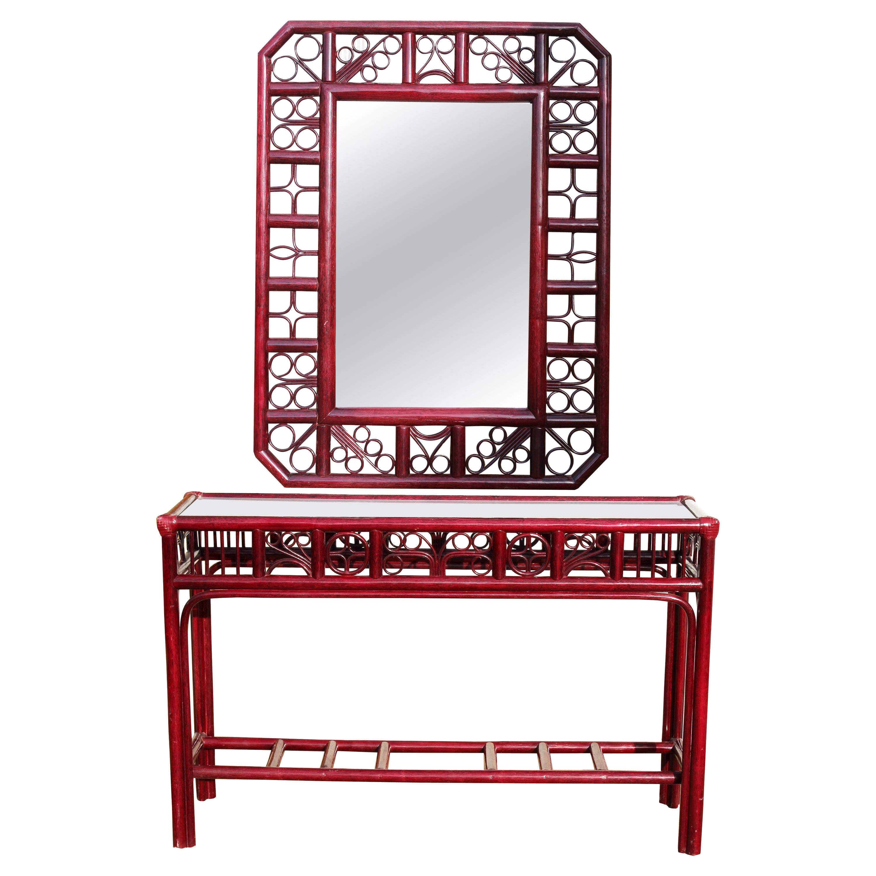1970s, Spanish, Oriental Style Wooden Dresser and Mirror Set with Leather Binds