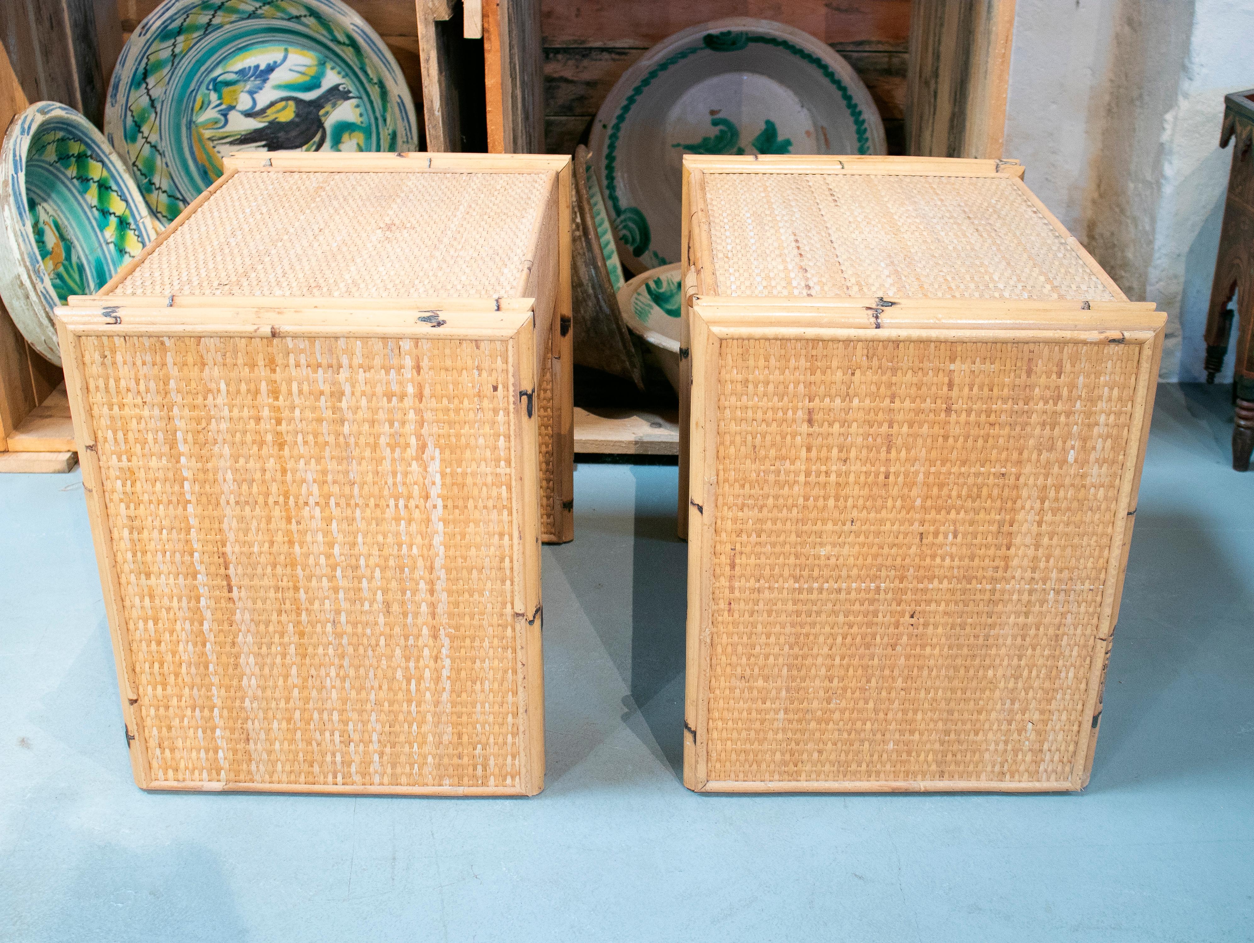 1970s Spanish Pair of Bamboo and Rattan One Drawer Bedside Tables 5