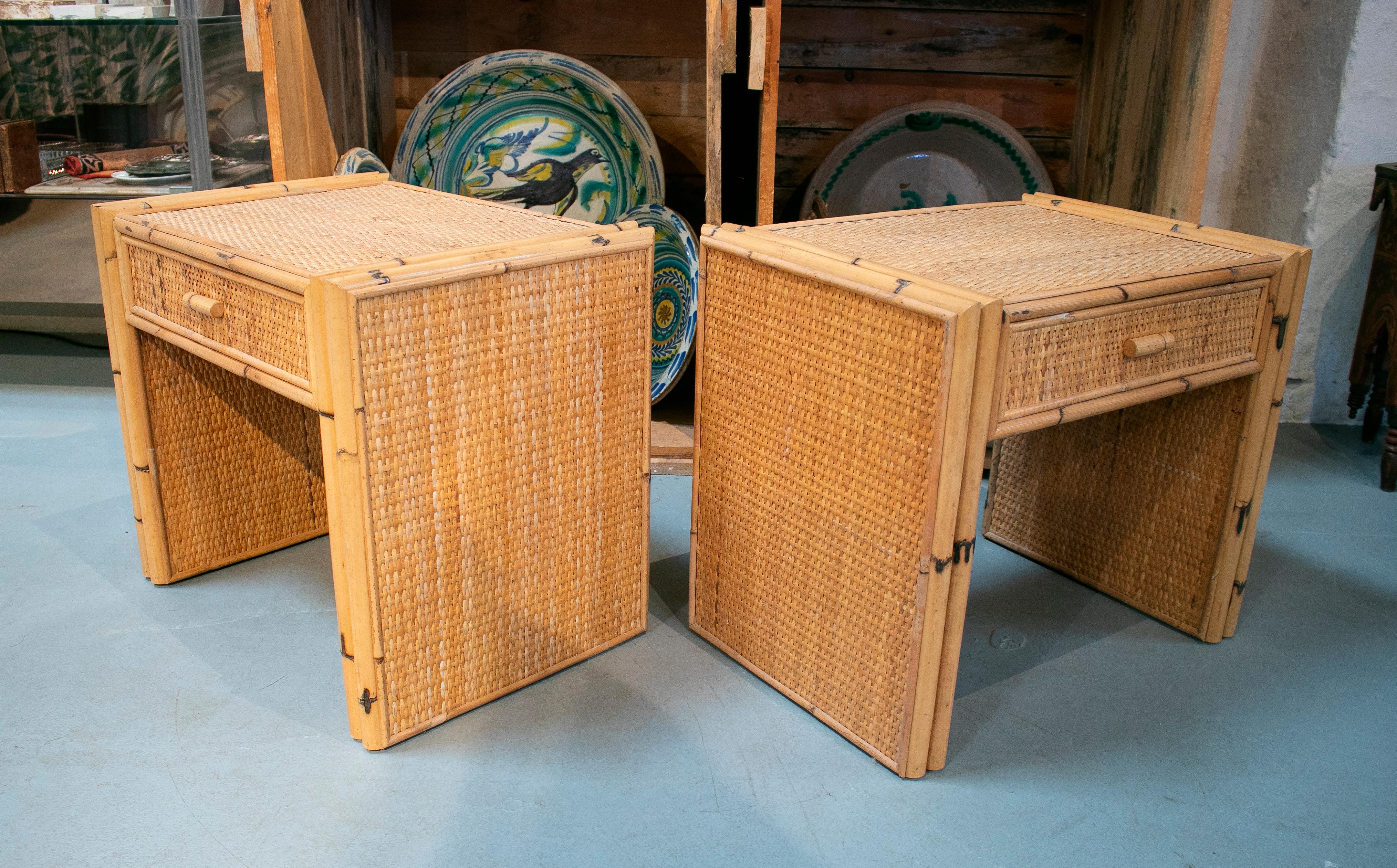 European 1970s Spanish Pair of Bamboo and Rattan One Drawer Bedside Tables